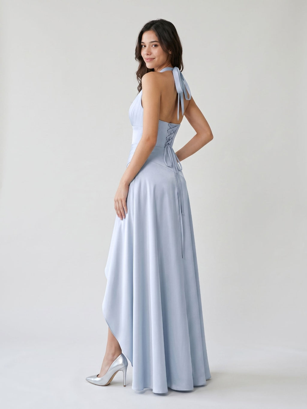 Mist Satin A-Line V-Neck Lace-Up Back Floor-Length Party Dress with Ruffles
