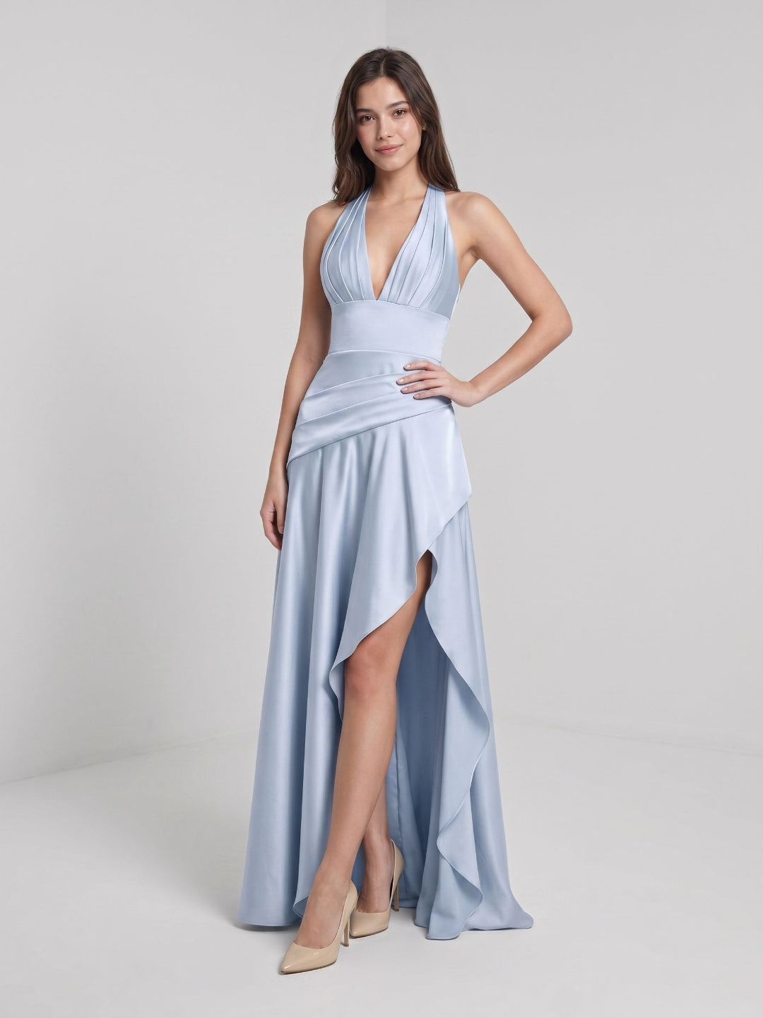 Mist Satin A-Line V-Neck Lace-Up Back Floor-Length Party Dress with Ruffles