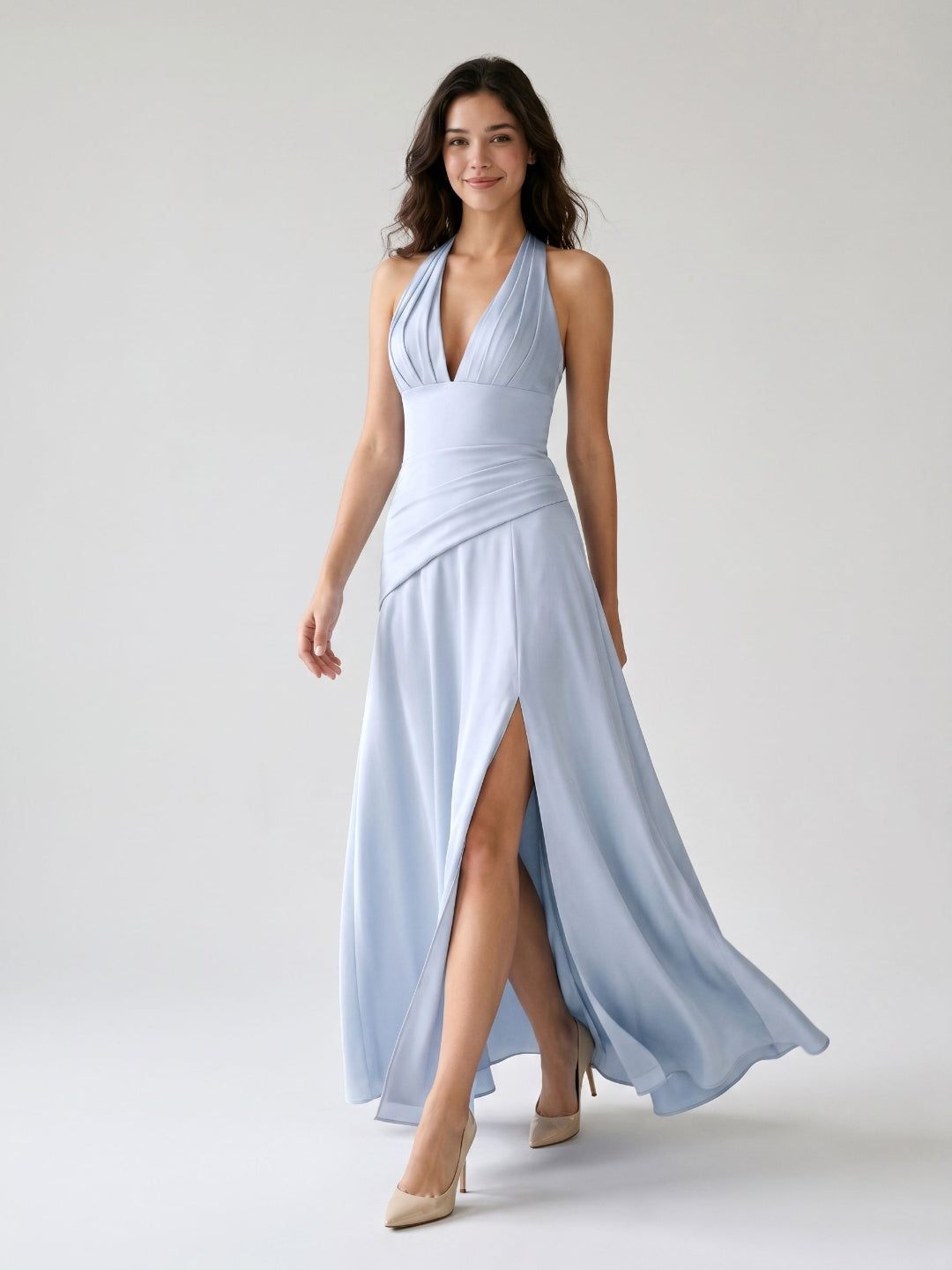 Mist Satin A-Line V-Neck Lace-Up Back Floor-Length Party Dress with Ruffles
