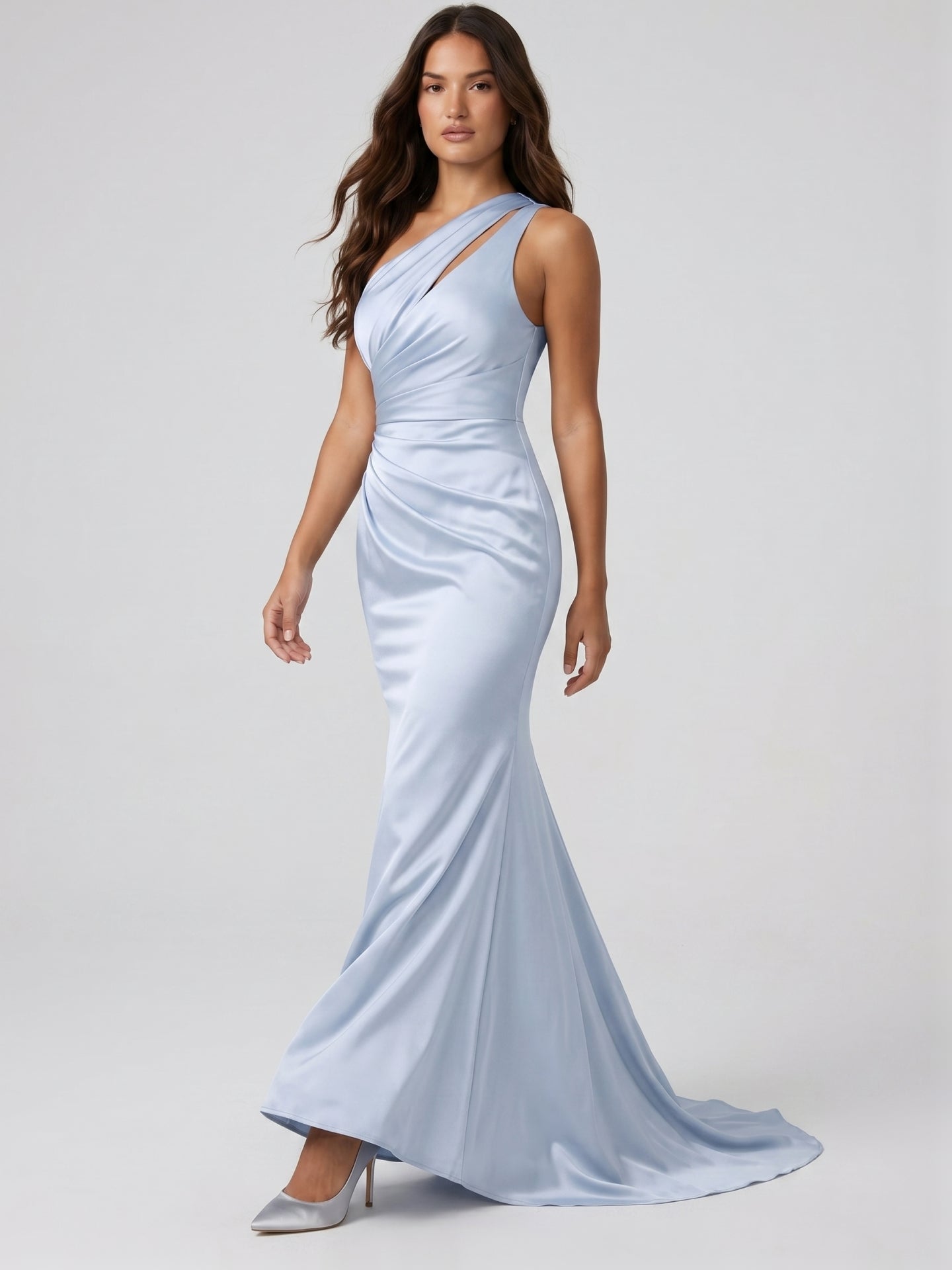 Mist Satin Column One Shoulder Back Zip Floor-Length Bridesmaid Dress with Pleated Details