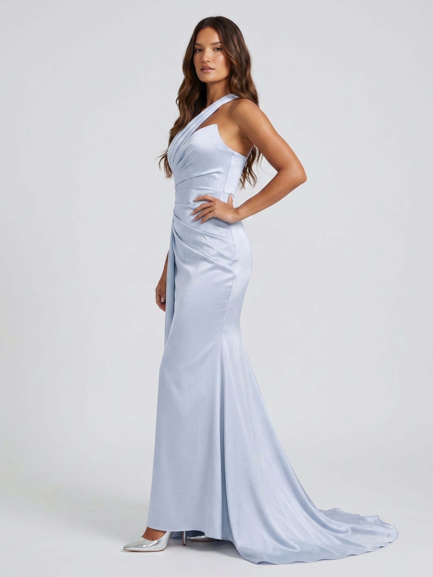 Mist Satin Column One Shoulder Back Zip Floor-Length Bridesmaid Dress with Pleated Details