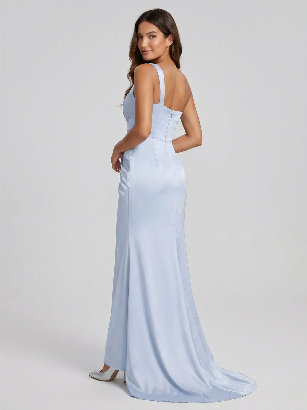 Mist Satin Column One Shoulder Back Zip Floor-Length Bridesmaid Dress with Pleated Details