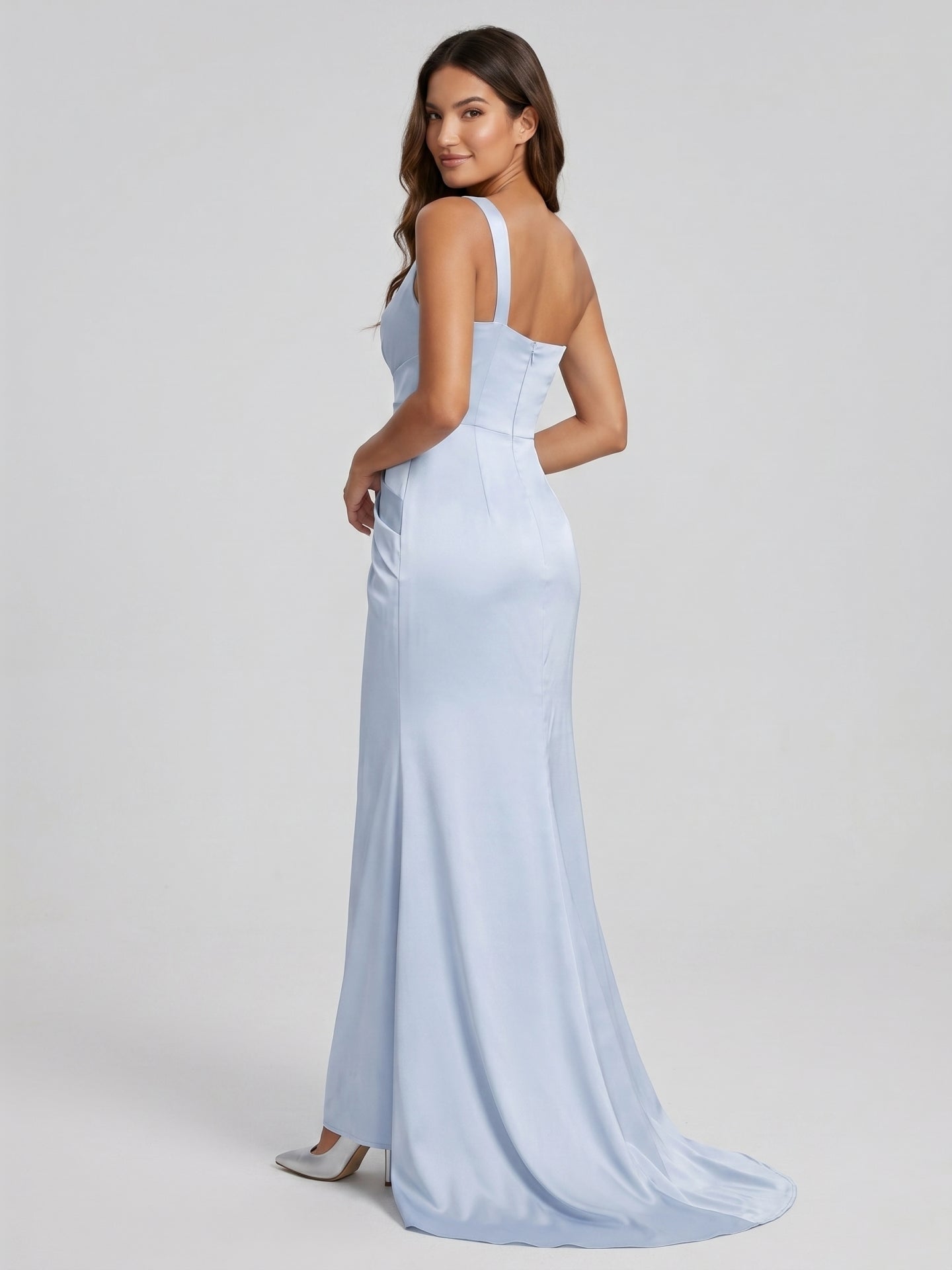 Mist Satin Column One Shoulder Back Zip Floor-Length Bridesmaid Dress with Pleated Details