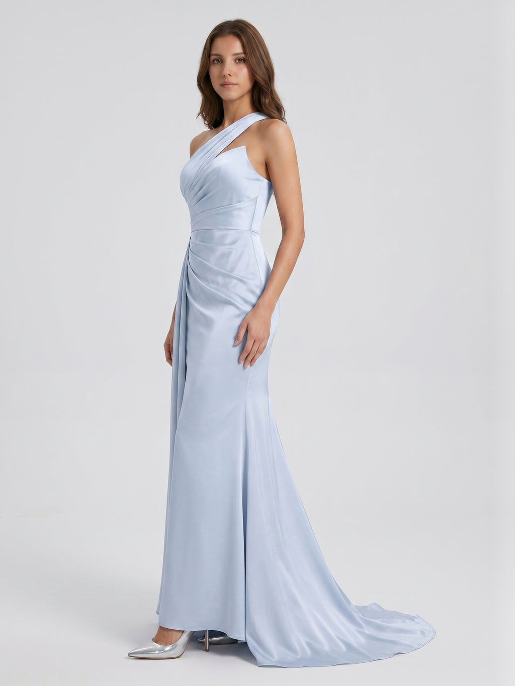 Mist Satin Column One Shoulder Back Zip Floor-Length Bridesmaid Dress with Pleated Details