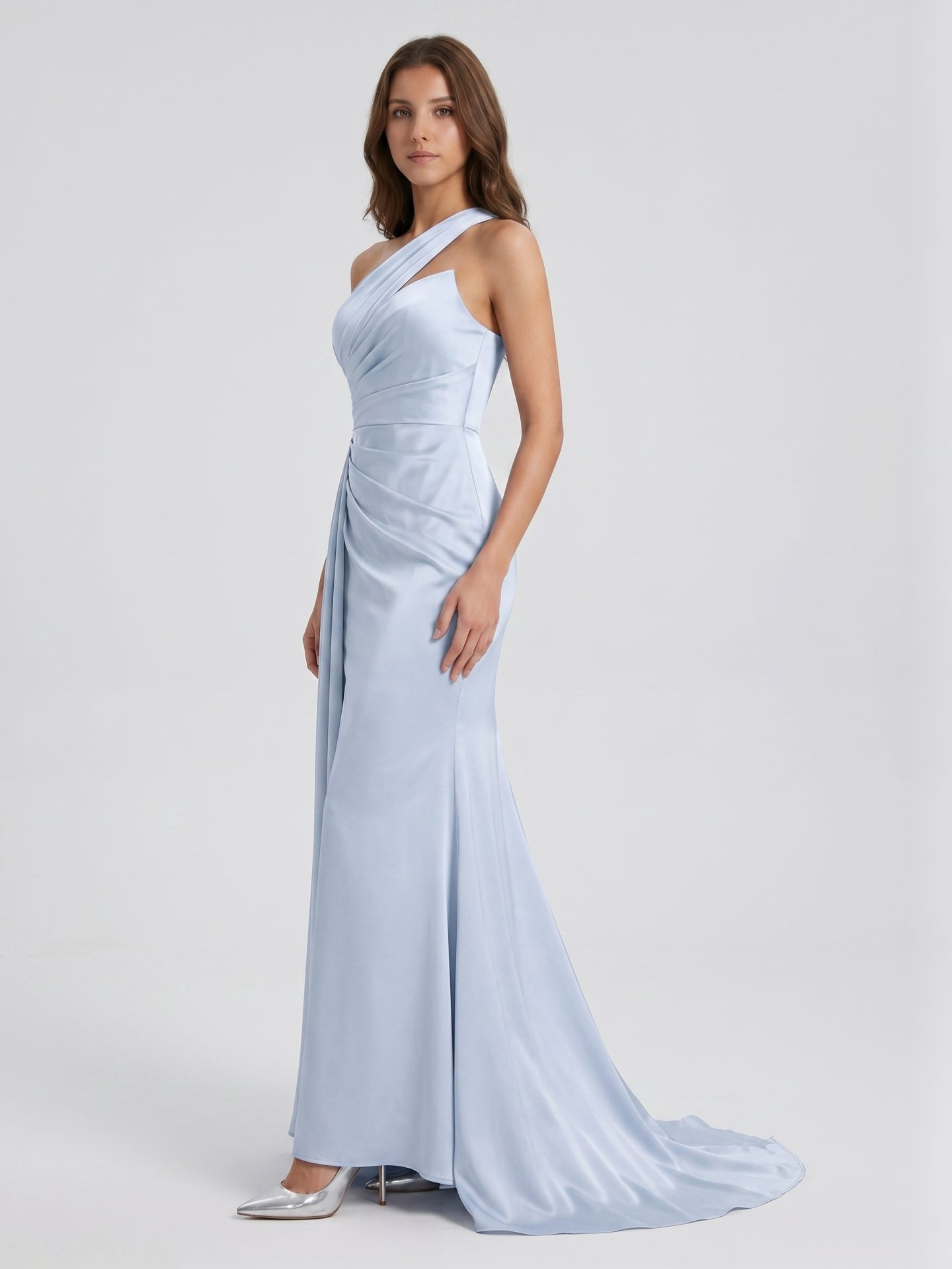 Mist Satin Column One Shoulder Back Zip Floor-Length Bridesmaid Dress with Pleated Details