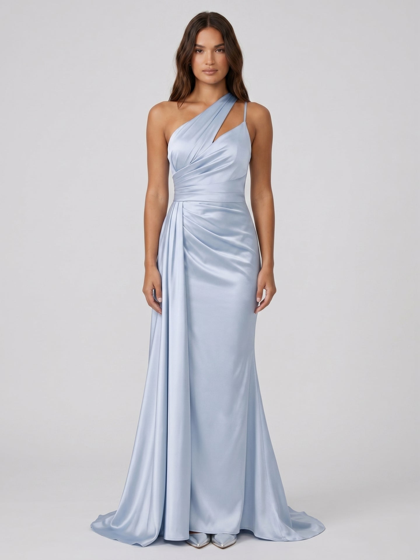 Mist Satin Column One Shoulder Back Zip Floor-Length Bridesmaid Dress with Pleated Details