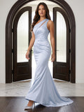 Mist Satin Column One Shoulder Back Zip Floor-Length Bridesmaid Dress with Pleated Details