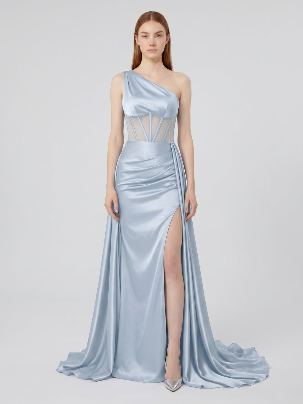 Mist Satin Mermaid One Shoulder Back Zip Floor-Length Bridesmaid Dress