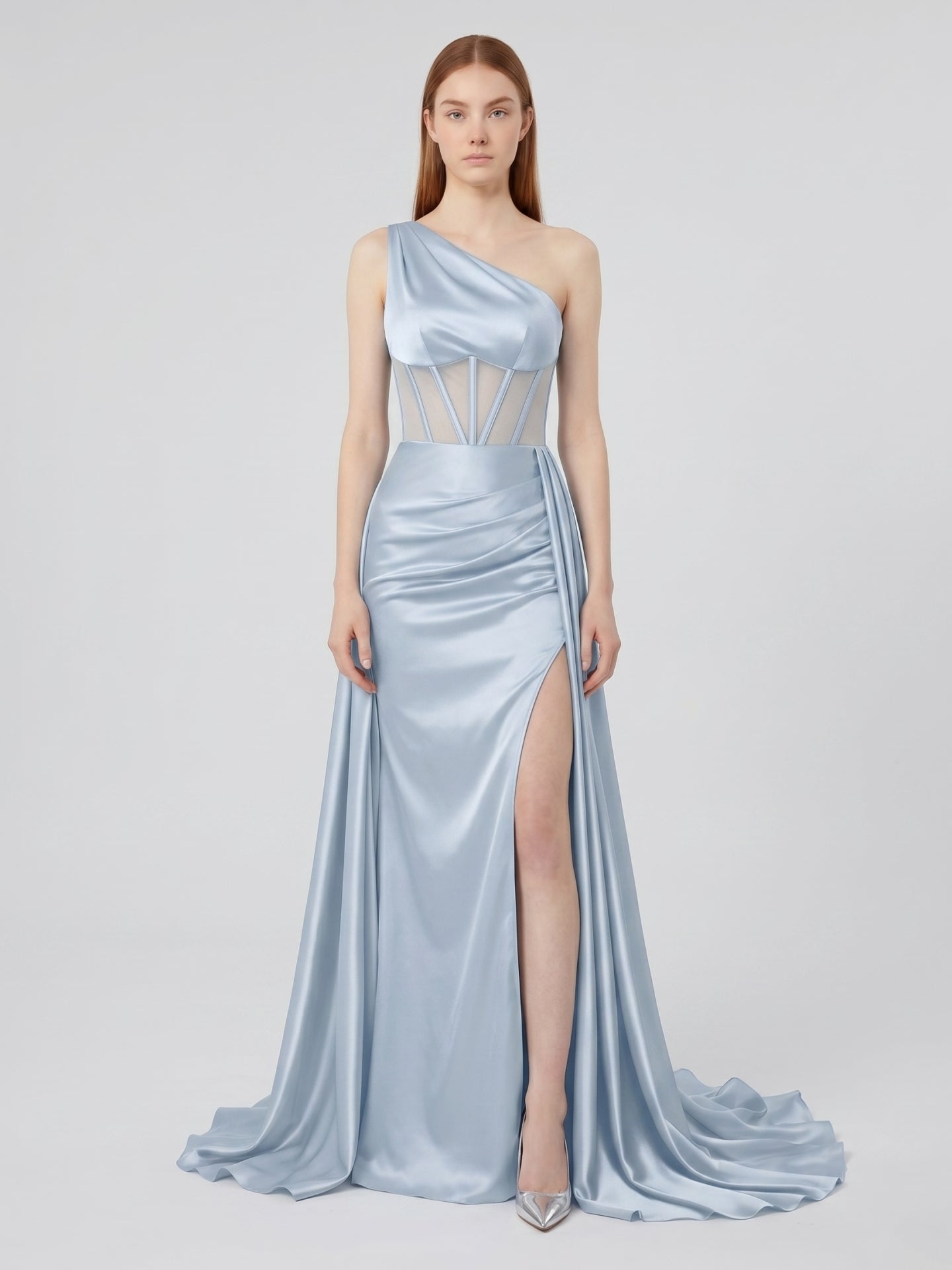 Mist Satin Mermaid One Shoulder Back Zip Floor-Length Bridesmaid Dress