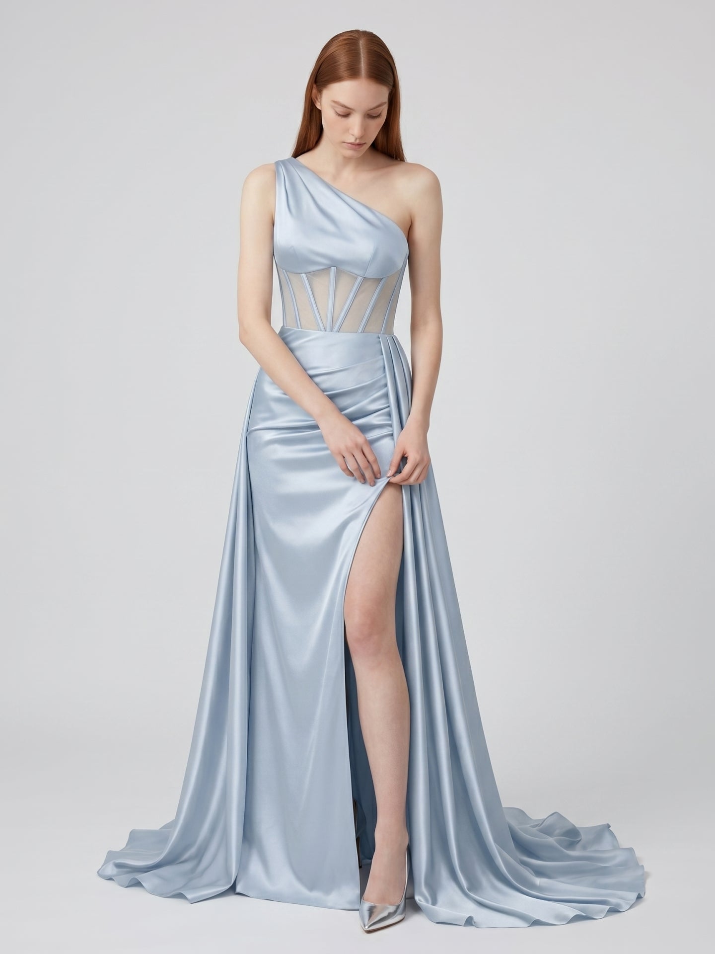 Mist Satin Mermaid One Shoulder Back Zip Floor-Length Bridesmaid Dress