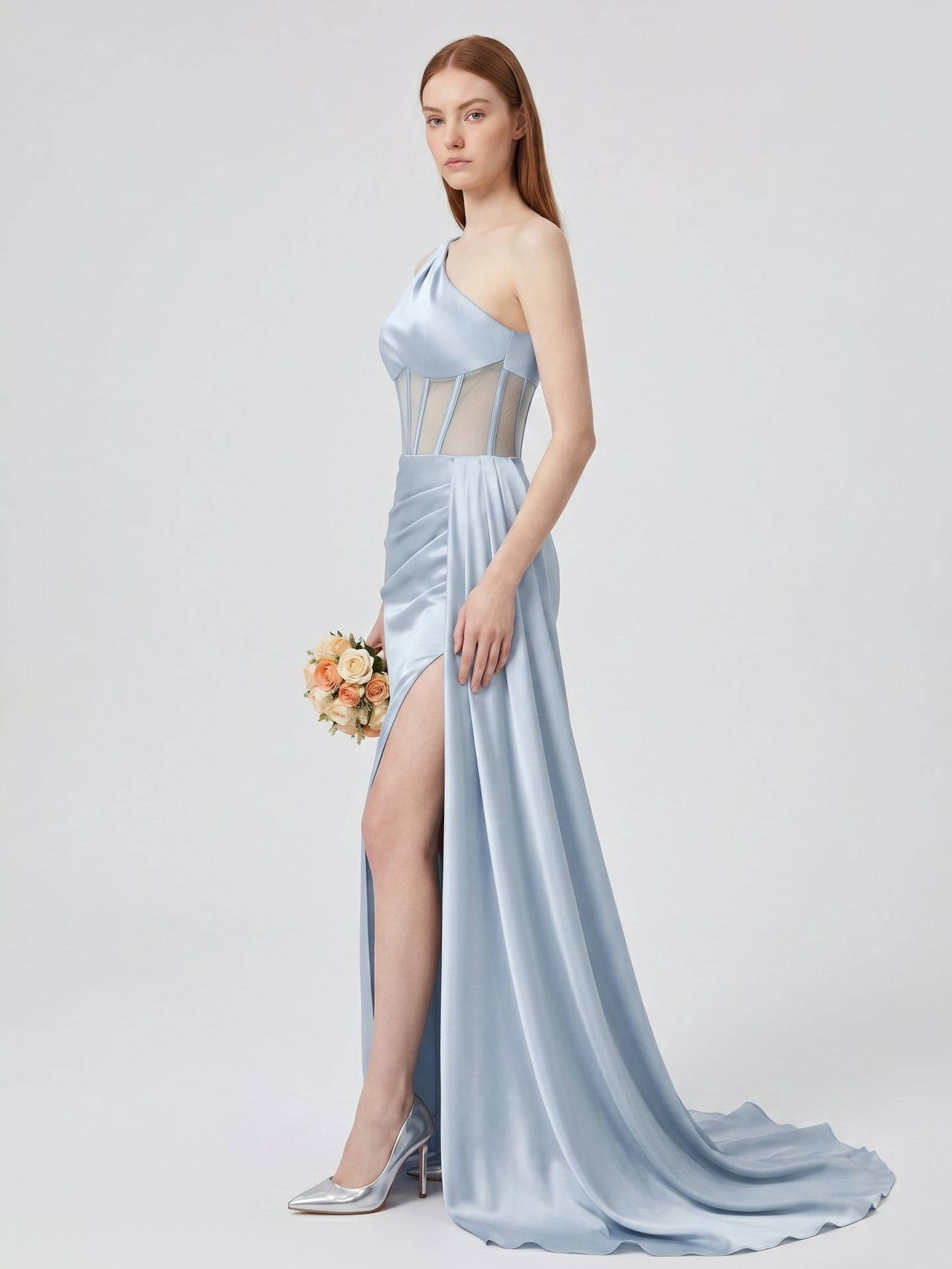 Mist Satin Mermaid One Shoulder Back Zip Floor-Length Bridesmaid Dress