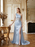 Mist Satin Mermaid One Shoulder Back Zip Floor-Length Bridesmaid Dress