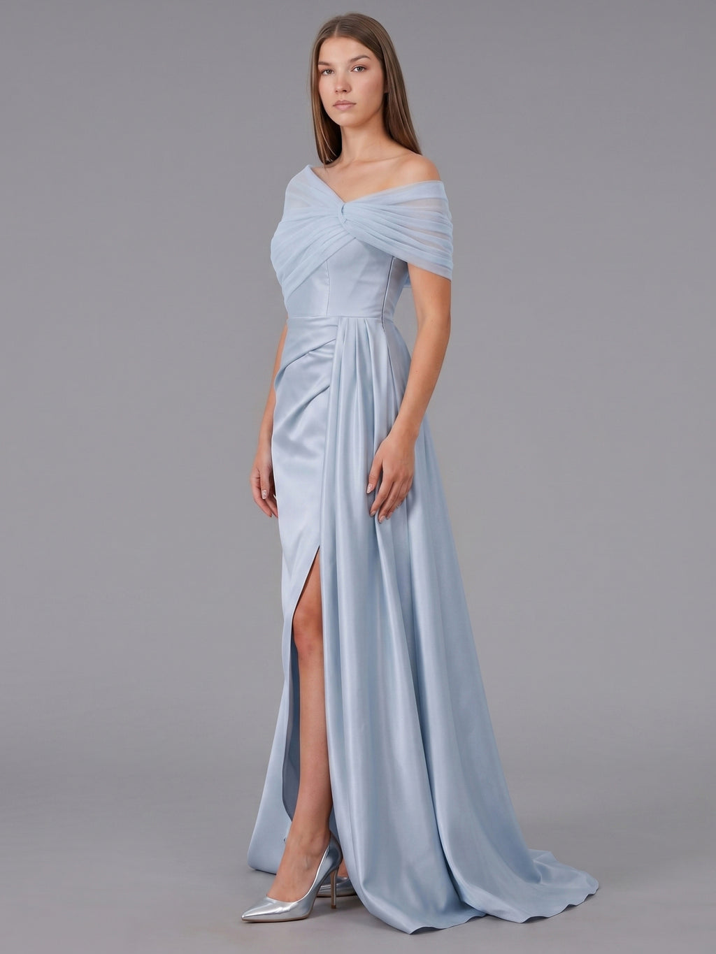 Mist Satin Mermaid One Shoulder Back Zip Floor-Length Bridesmaid Dress with Pleated Details