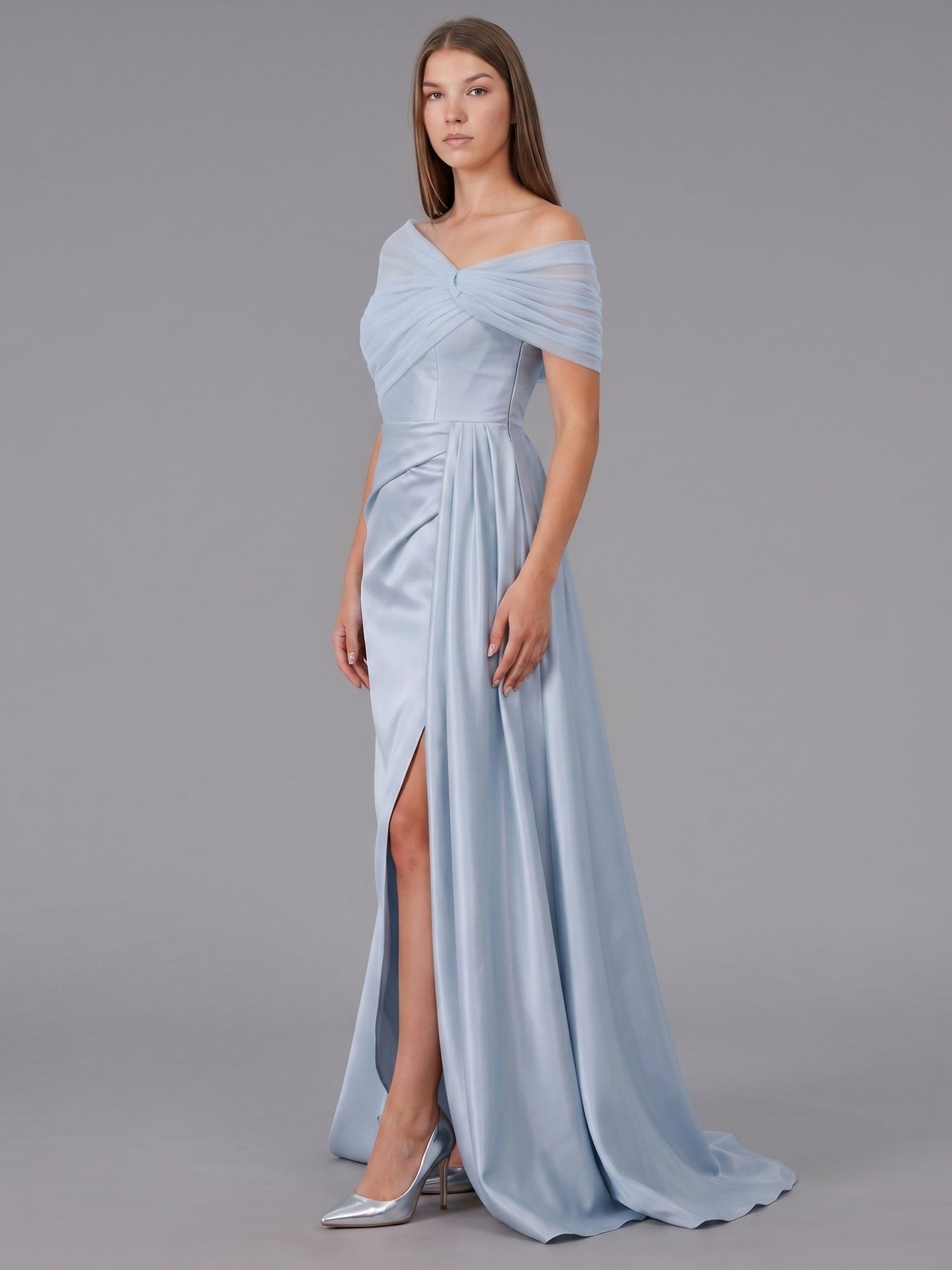 Mist Satin Mermaid One Shoulder Back Zip Floor-Length Bridesmaid Dress with Pleated Details