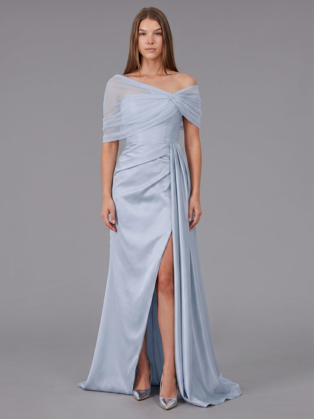 Mist Satin Mermaid One Shoulder Back Zip Floor-Length Bridesmaid Dress with Pleated Details