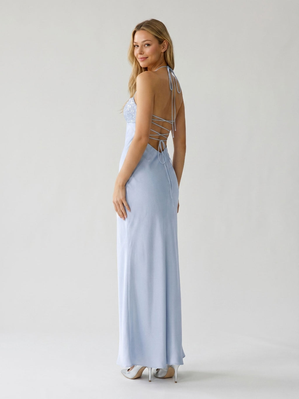 Mist Satin Sheath Halter Neckline Lace-Up Back Floor-Length Party Dress with Beading