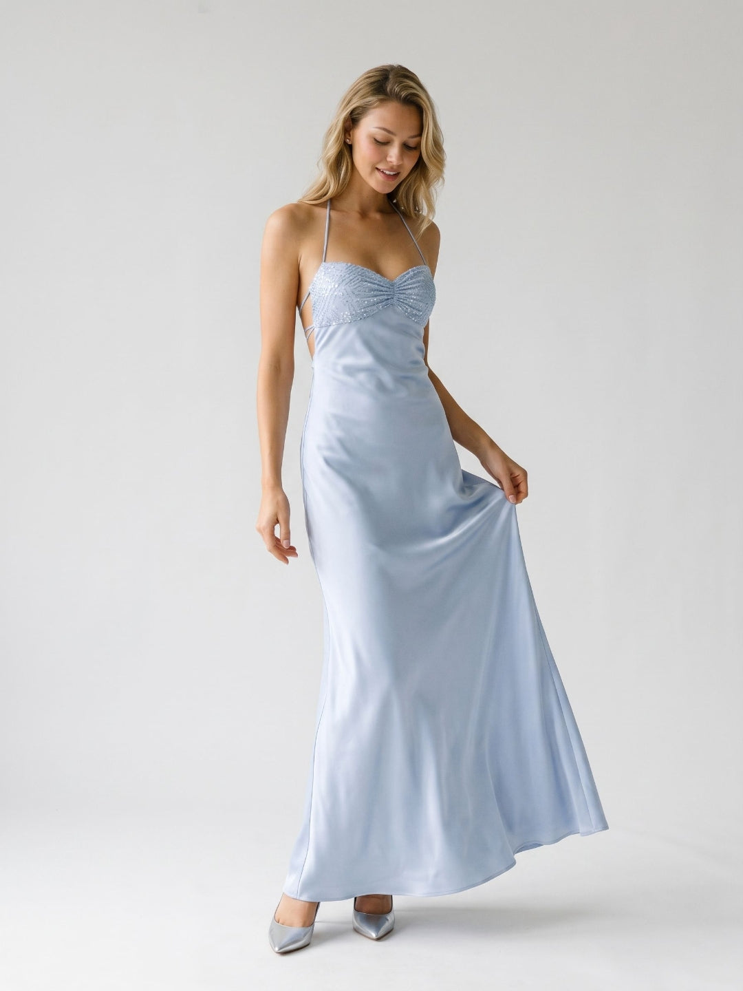Mist Satin Sheath Halter Neckline Lace-Up Back Floor-Length Party Dress with Beading