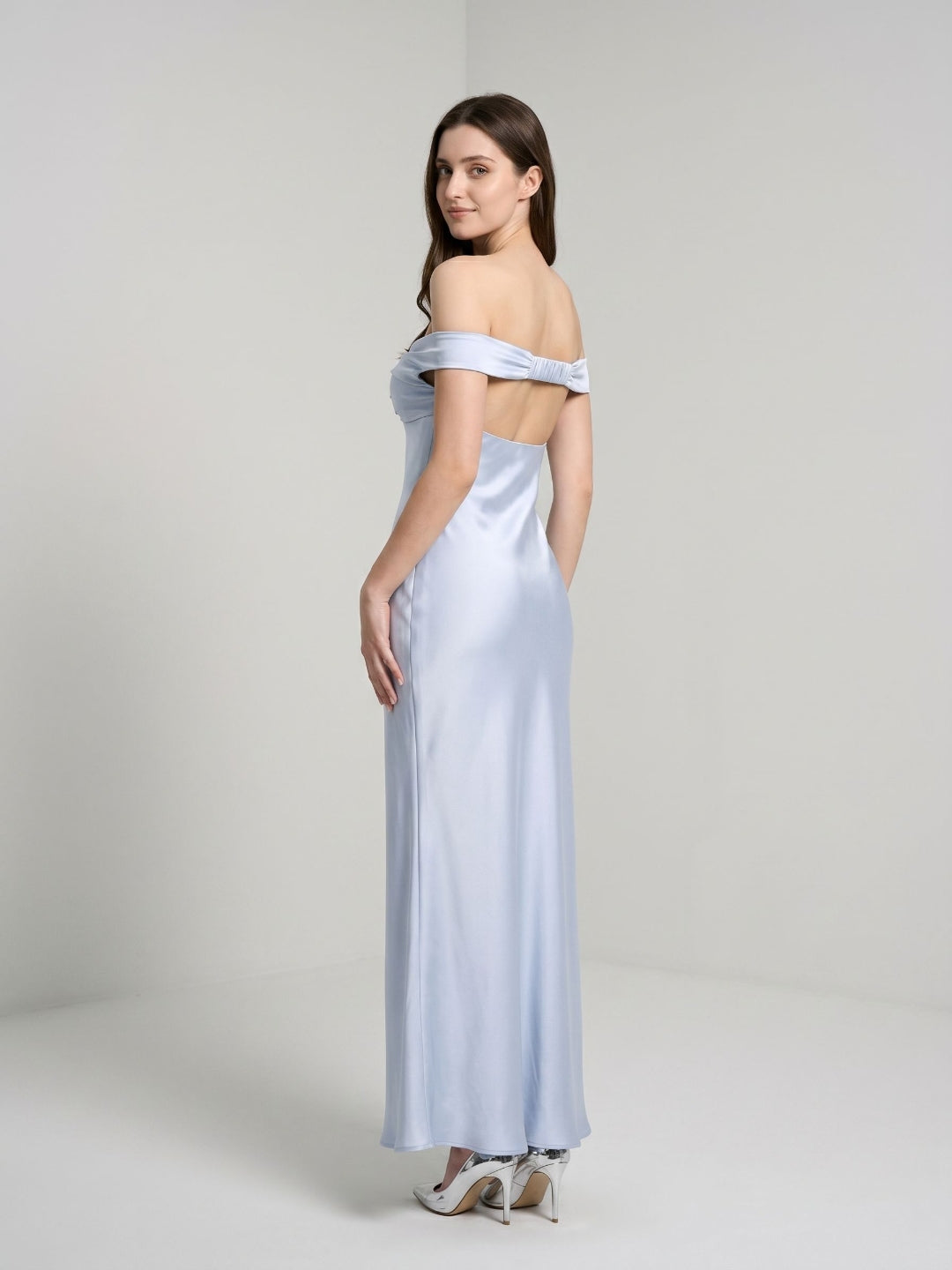 Mist Satin Sheath Off-the-Shoulder Side Zip Floor-Length Party Dress