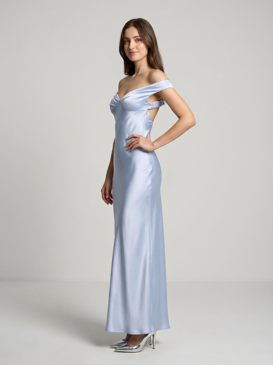 Mist Satin Sheath Off-the-Shoulder Side Zip Floor-Length Party Dress