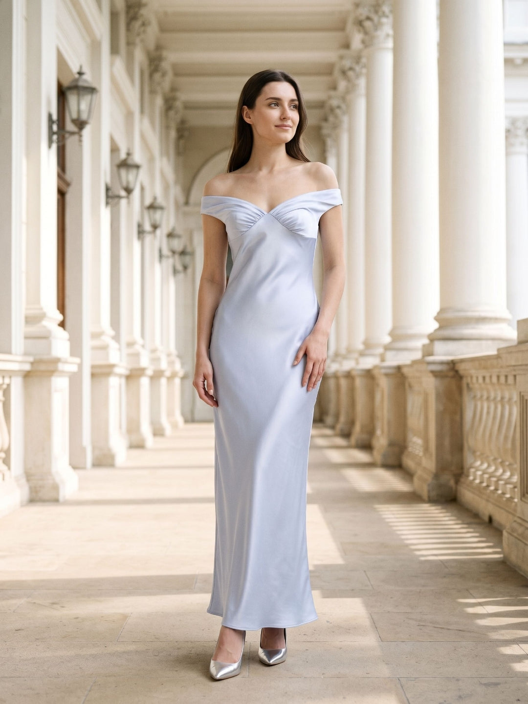 Mist Satin Sheath Off-the-Shoulder Side Zip Floor-Length Party Dress