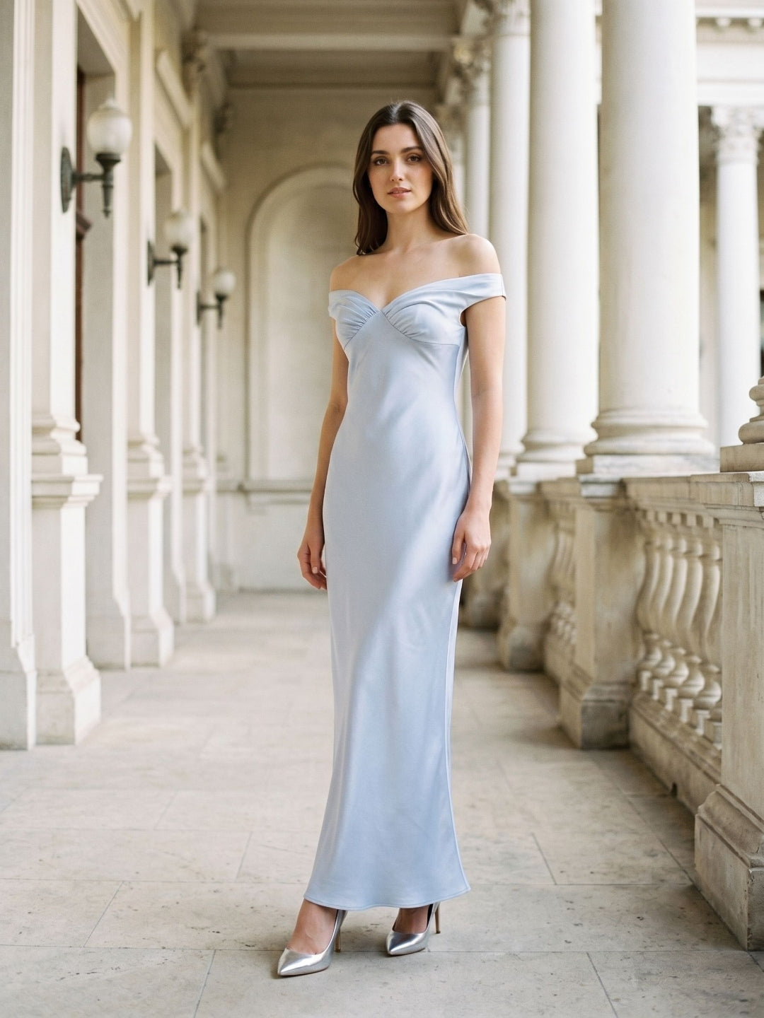 Mist Satin Sheath Off-the-Shoulder Side Zip Floor-Length Party Dress