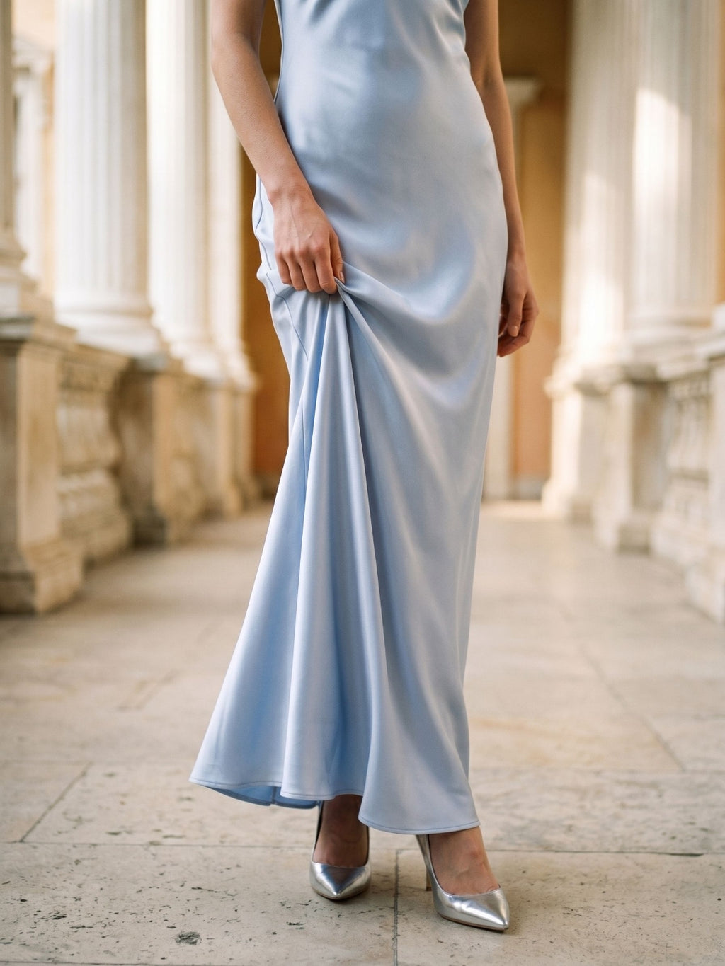 Mist Satin Sheath Off-the-Shoulder Side Zip Floor-Length Party Dress