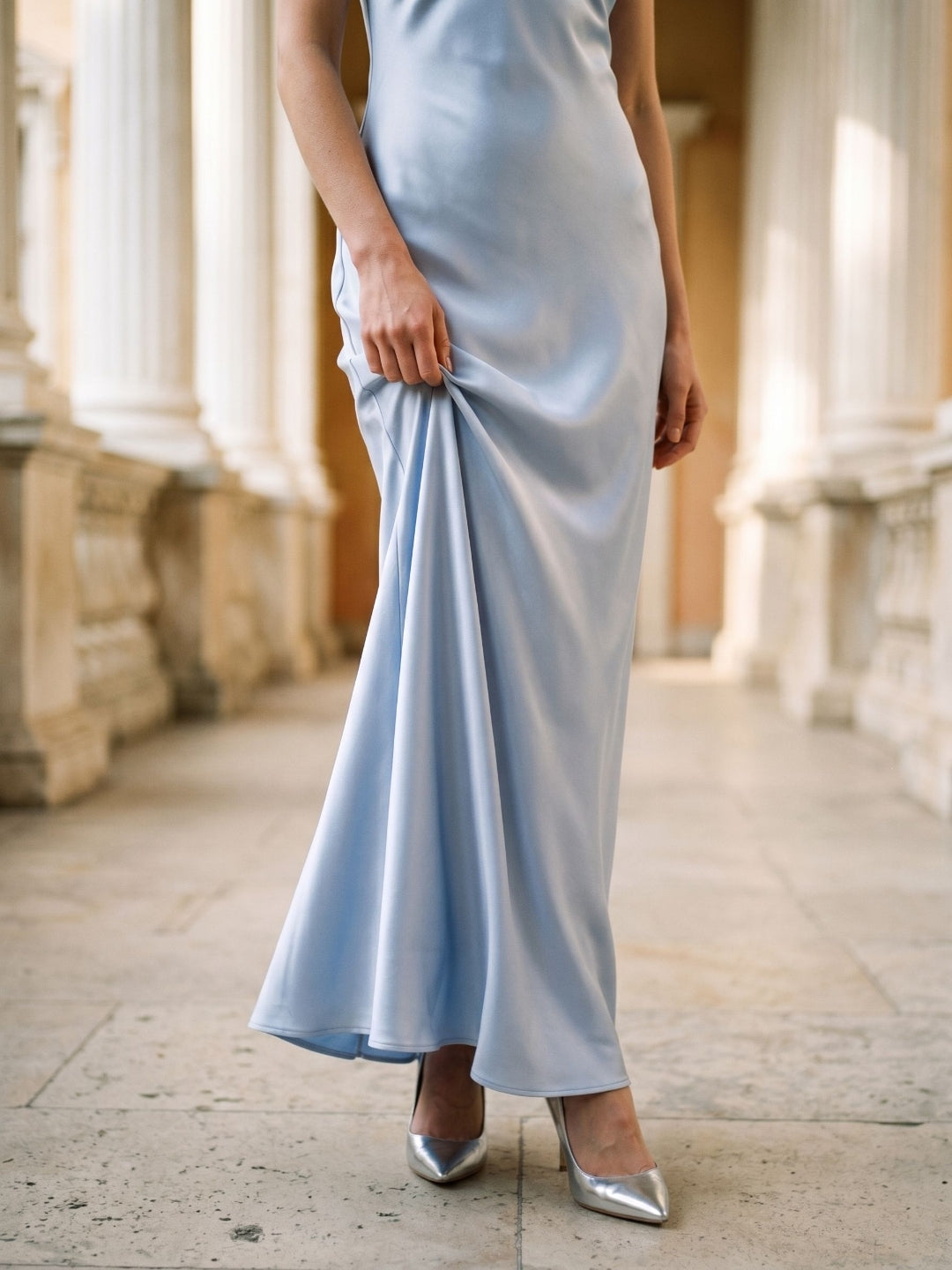 Mist Satin Sheath Off-the-Shoulder Side Zip Floor-Length Party Dress