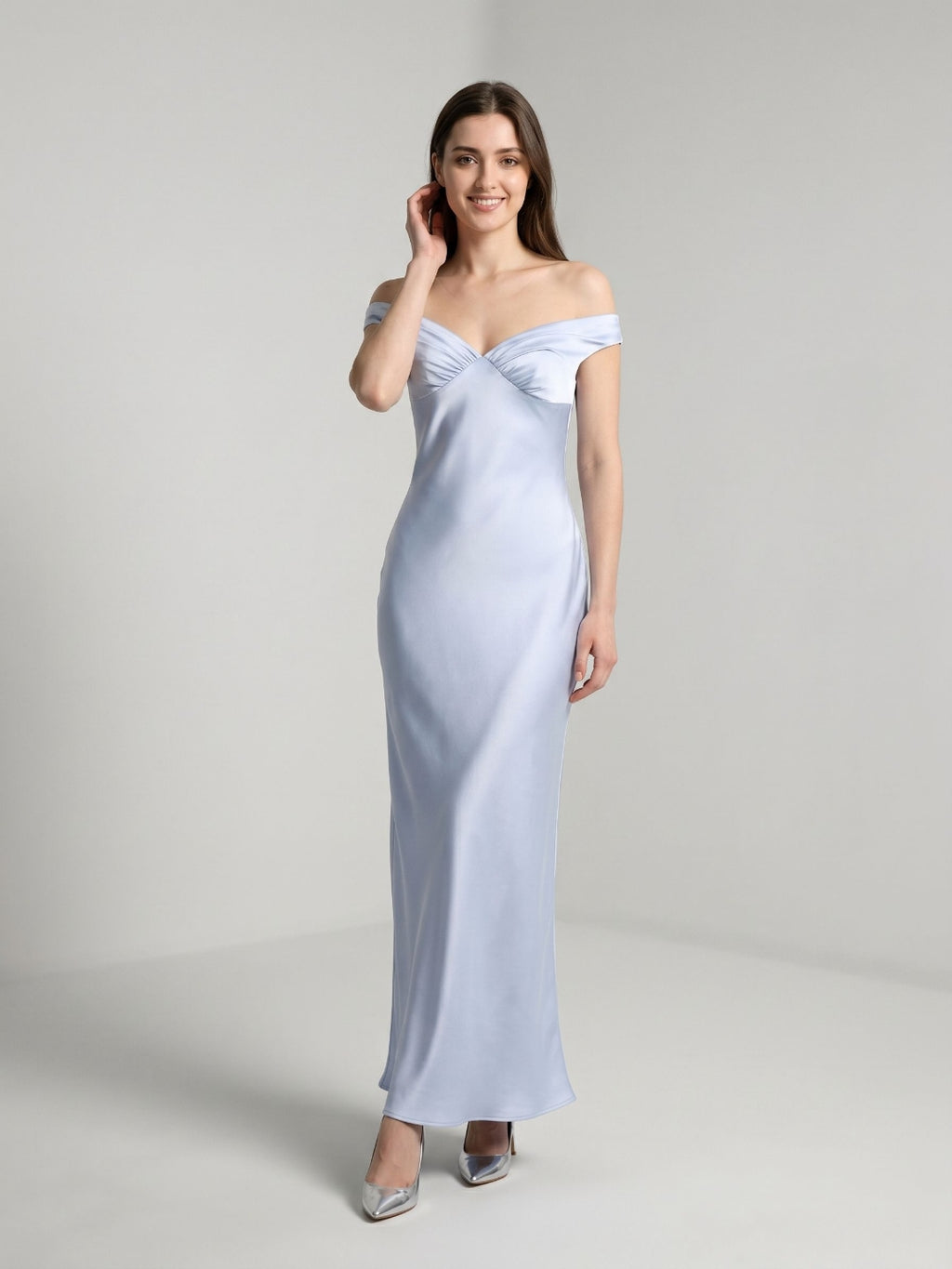 Mist Satin Sheath Off-the-Shoulder Side Zip Floor-Length Party Dress