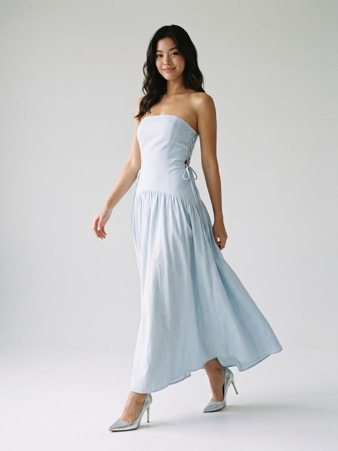 Mist Stretch Knit A-Line Straight Neck Back Zip Floor-Length Evening Dress