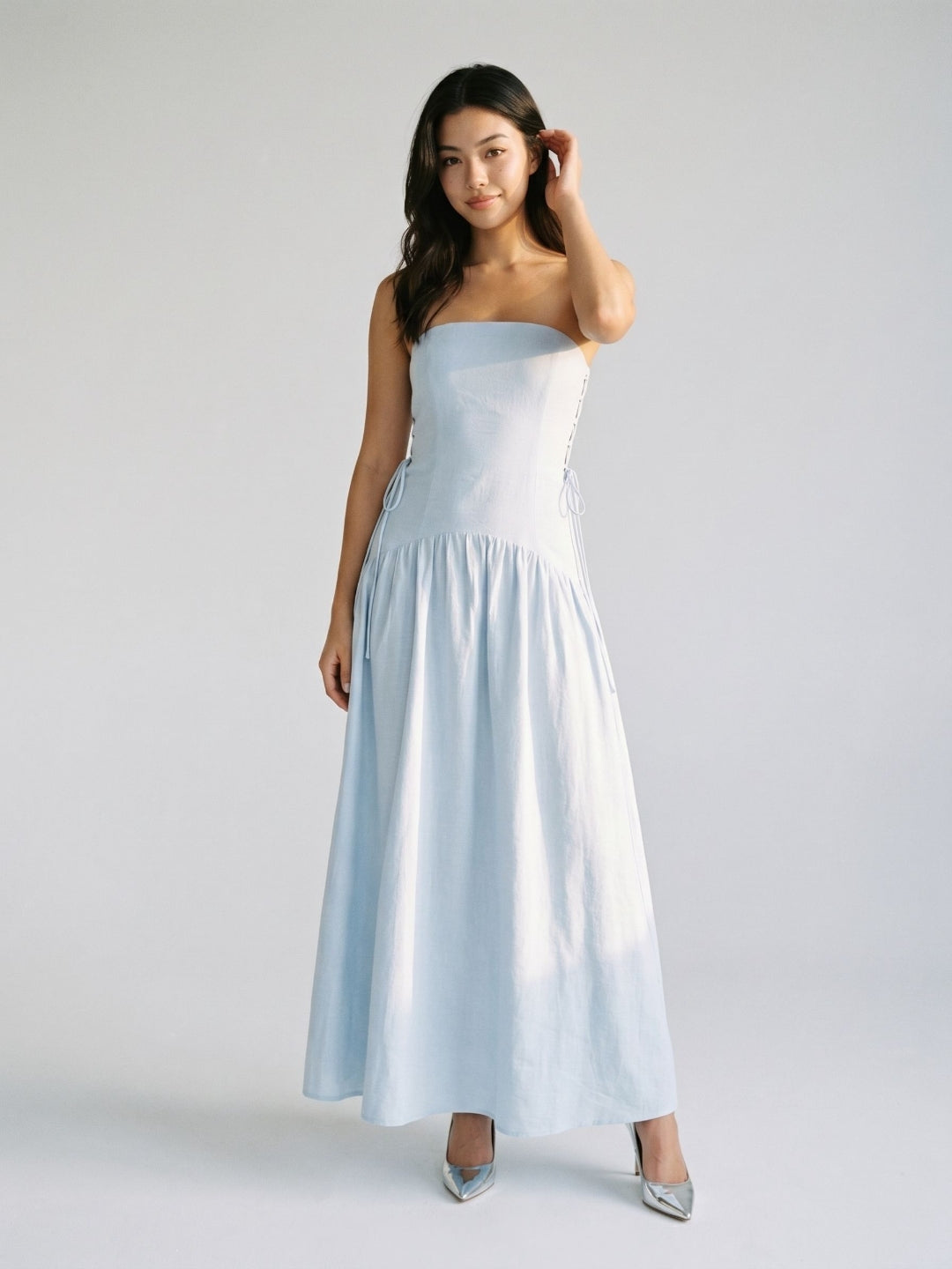 Mist Stretch Knit A-Line Straight Neck Back Zip Floor-Length Evening Dress