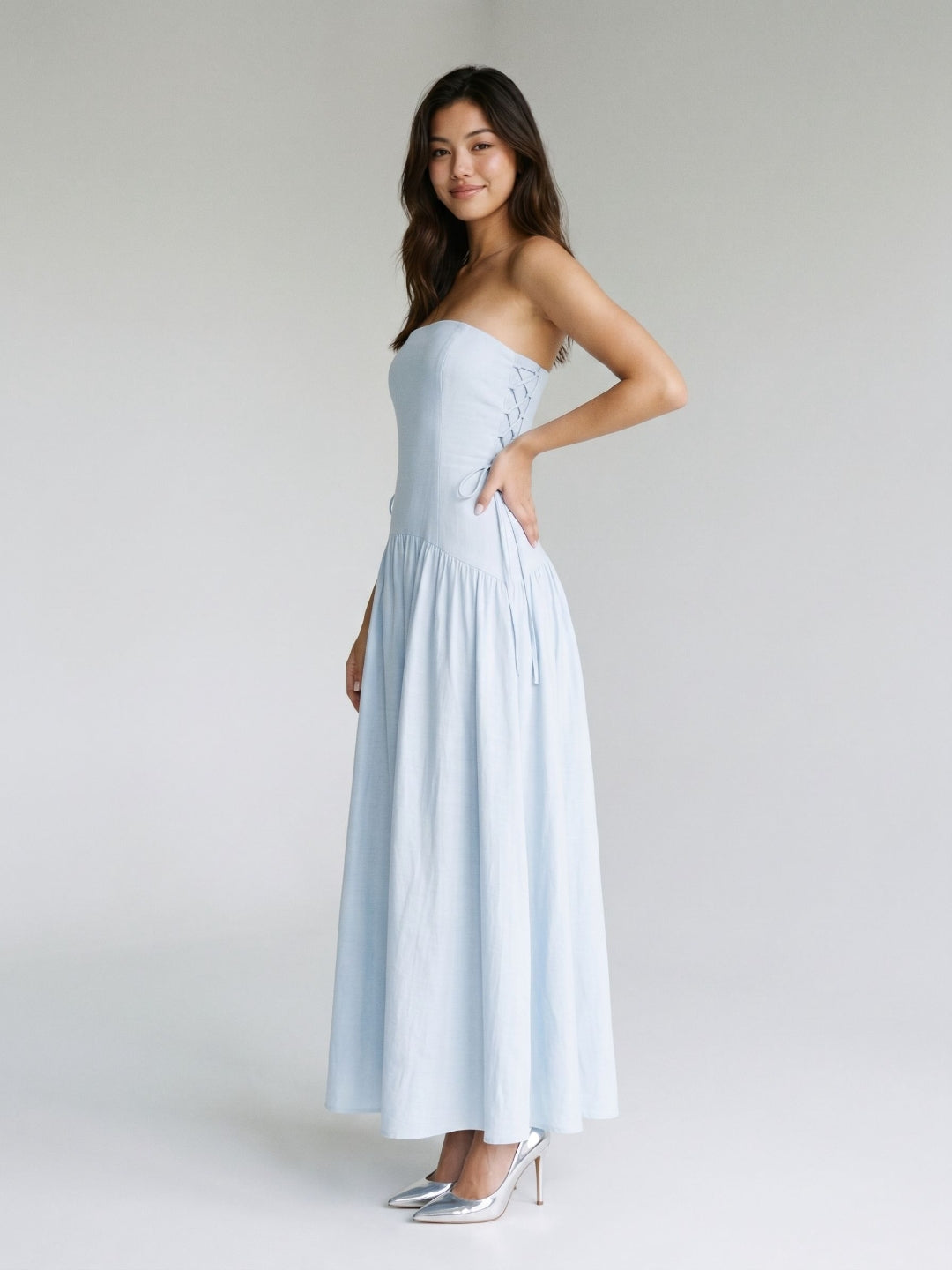 Mist Stretch Knit A-Line Straight Neck Back Zip Floor-Length Evening Dress
