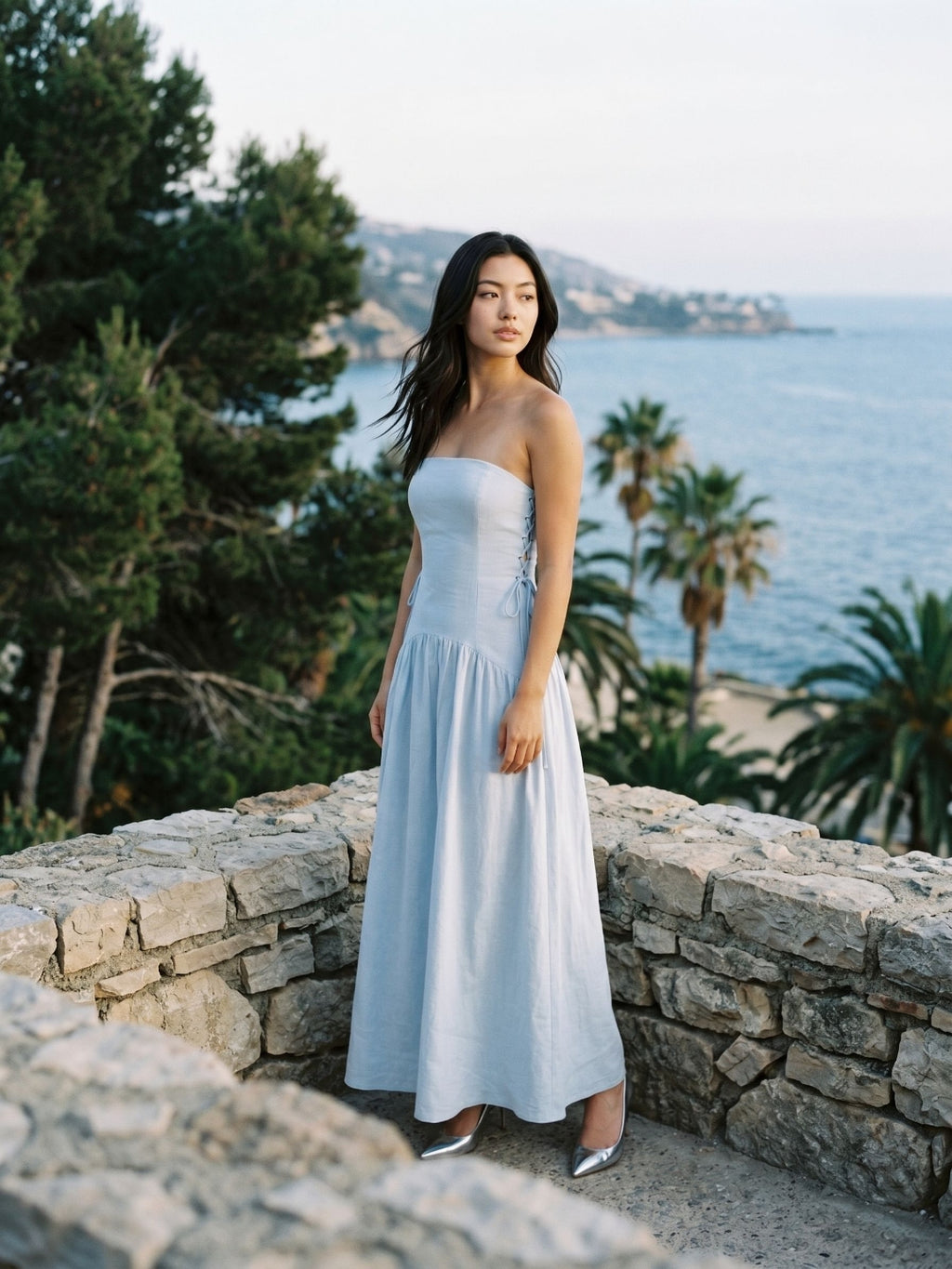 Mist Stretch Knit A-Line Straight Neck Back Zip Floor-Length Evening Dress