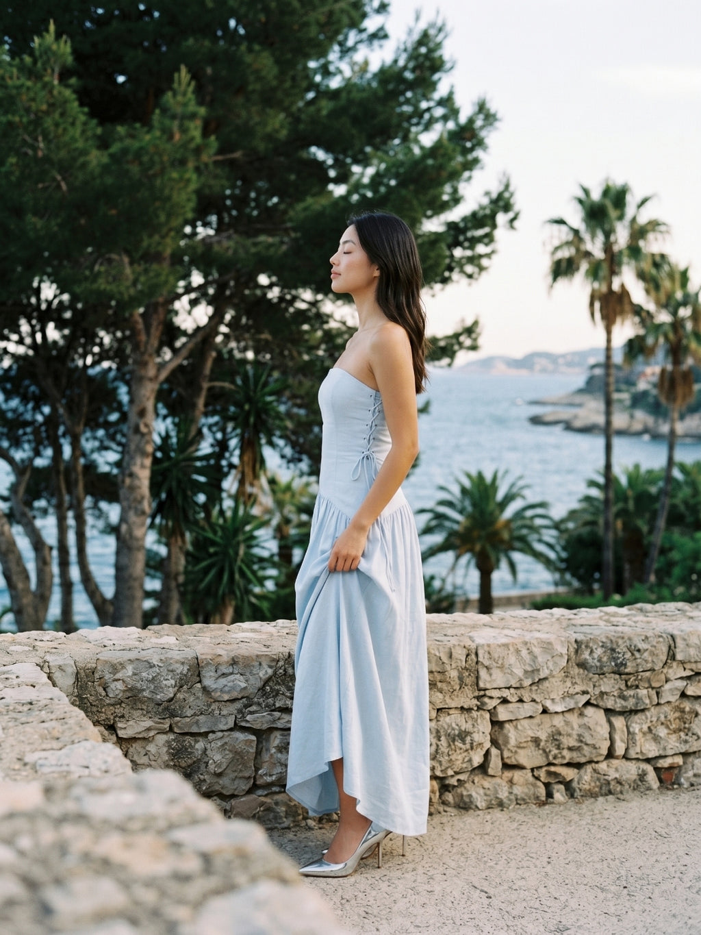 Mist Stretch Knit A-Line Straight Neck Back Zip Floor-Length Evening Dress