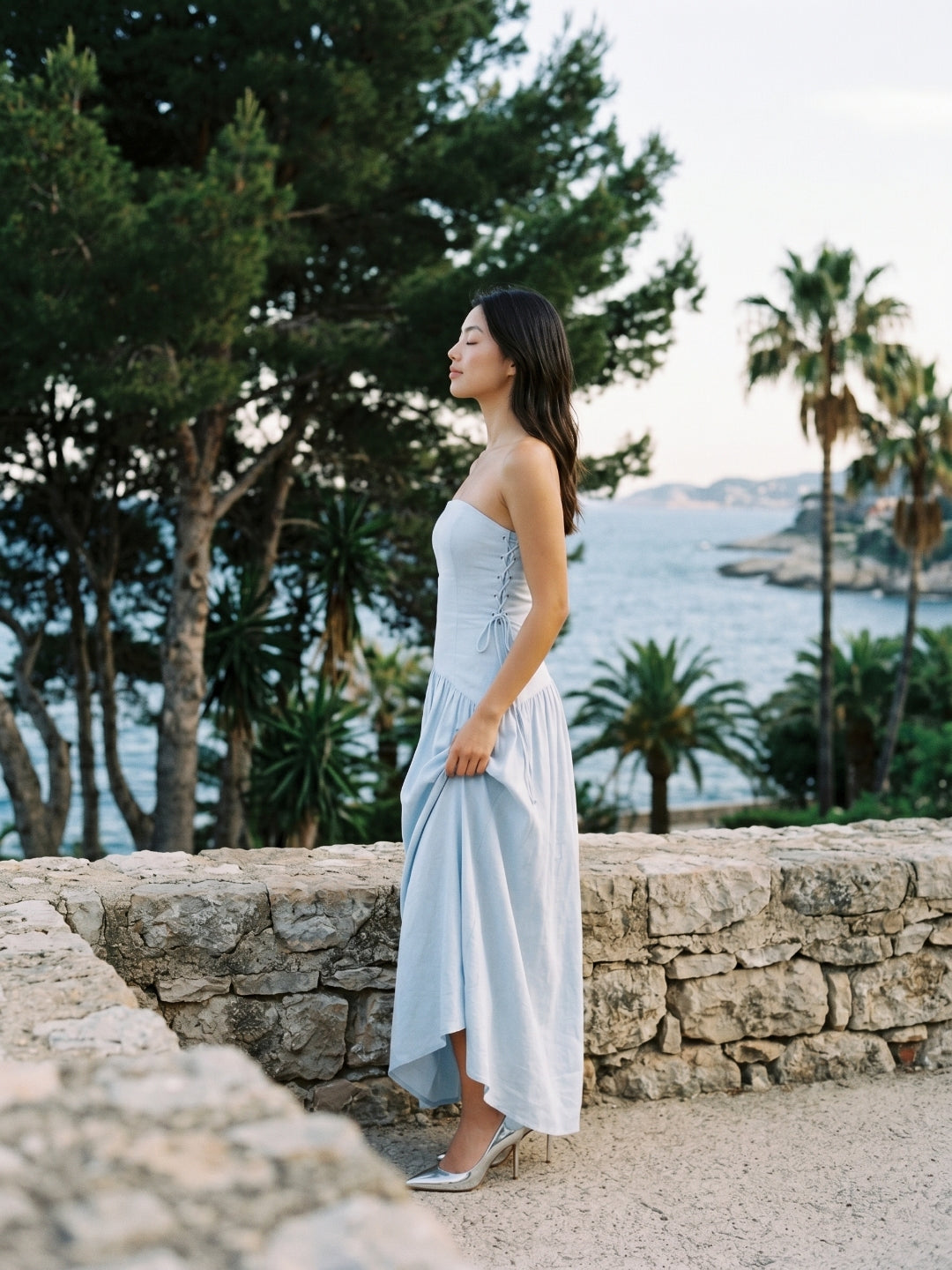 Mist Stretch Knit A-Line Straight Neck Back Zip Floor-Length Evening Dress