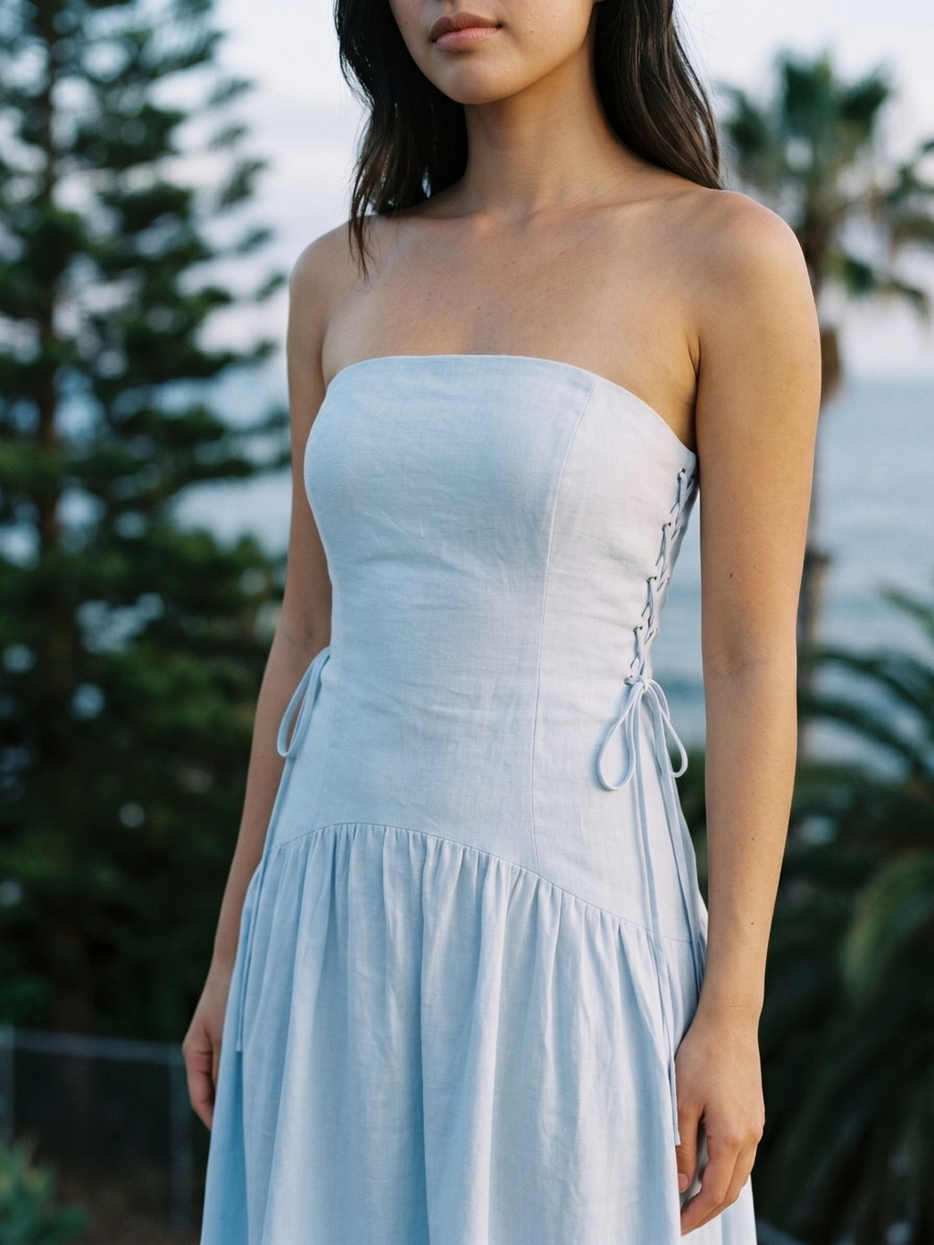 Mist Stretch Knit A-Line Straight Neck Back Zip Floor-Length Evening Dress