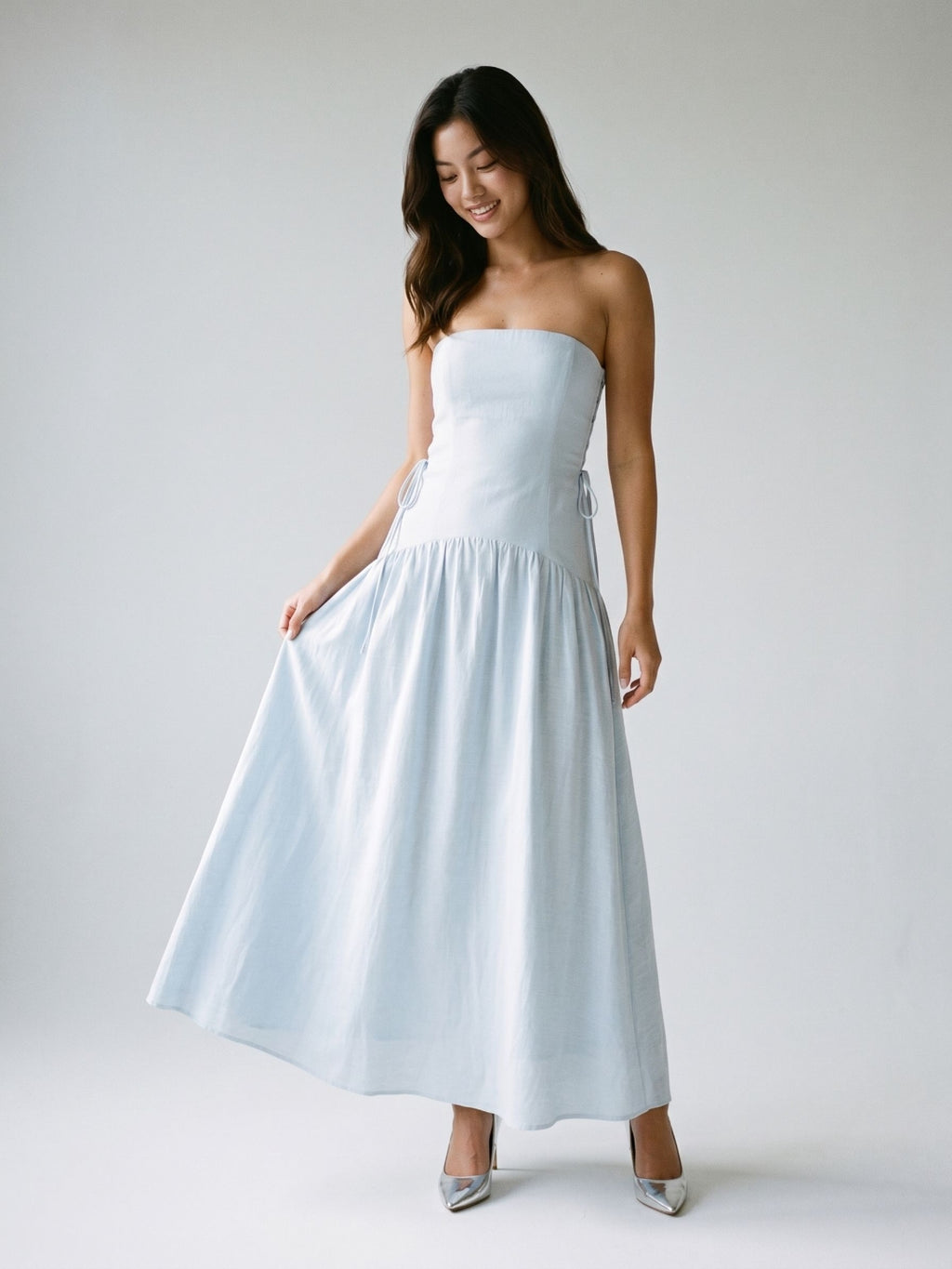 Mist Stretch Knit A-Line Straight Neck Back Zip Floor-Length Evening Dress