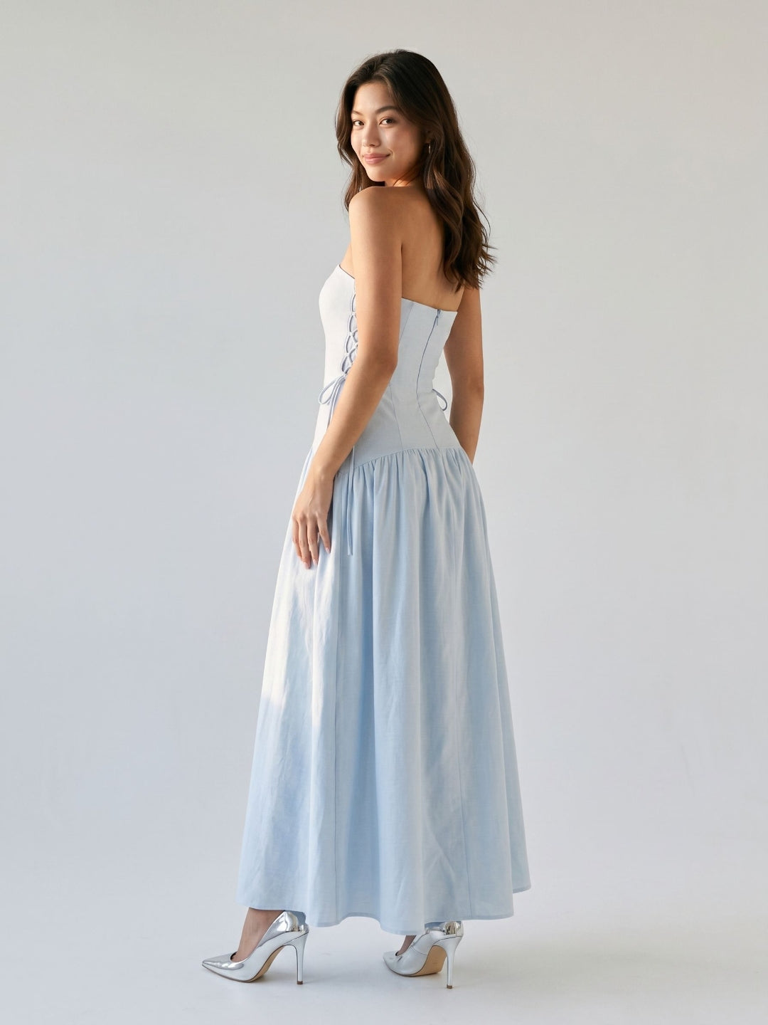 Mist Stretch Knit A-Line Straight Neck Back Zip Floor-Length Evening Dress