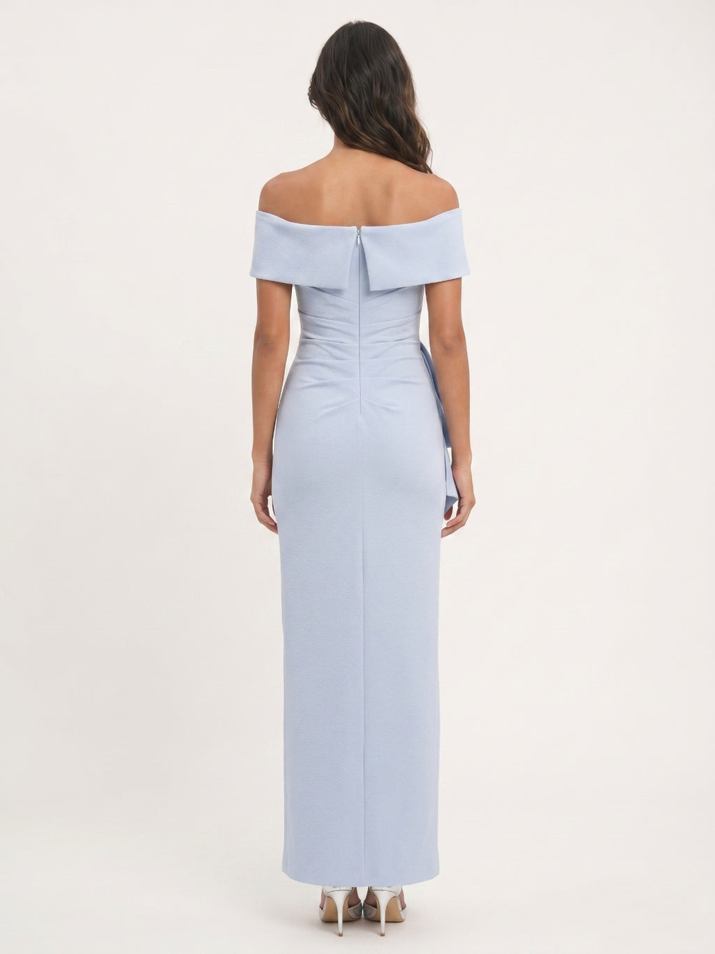 Mist Stretch Knit Column Off-the-Shoulder Back Zip Ankle-Length Bridesmaid Dress with Pleats