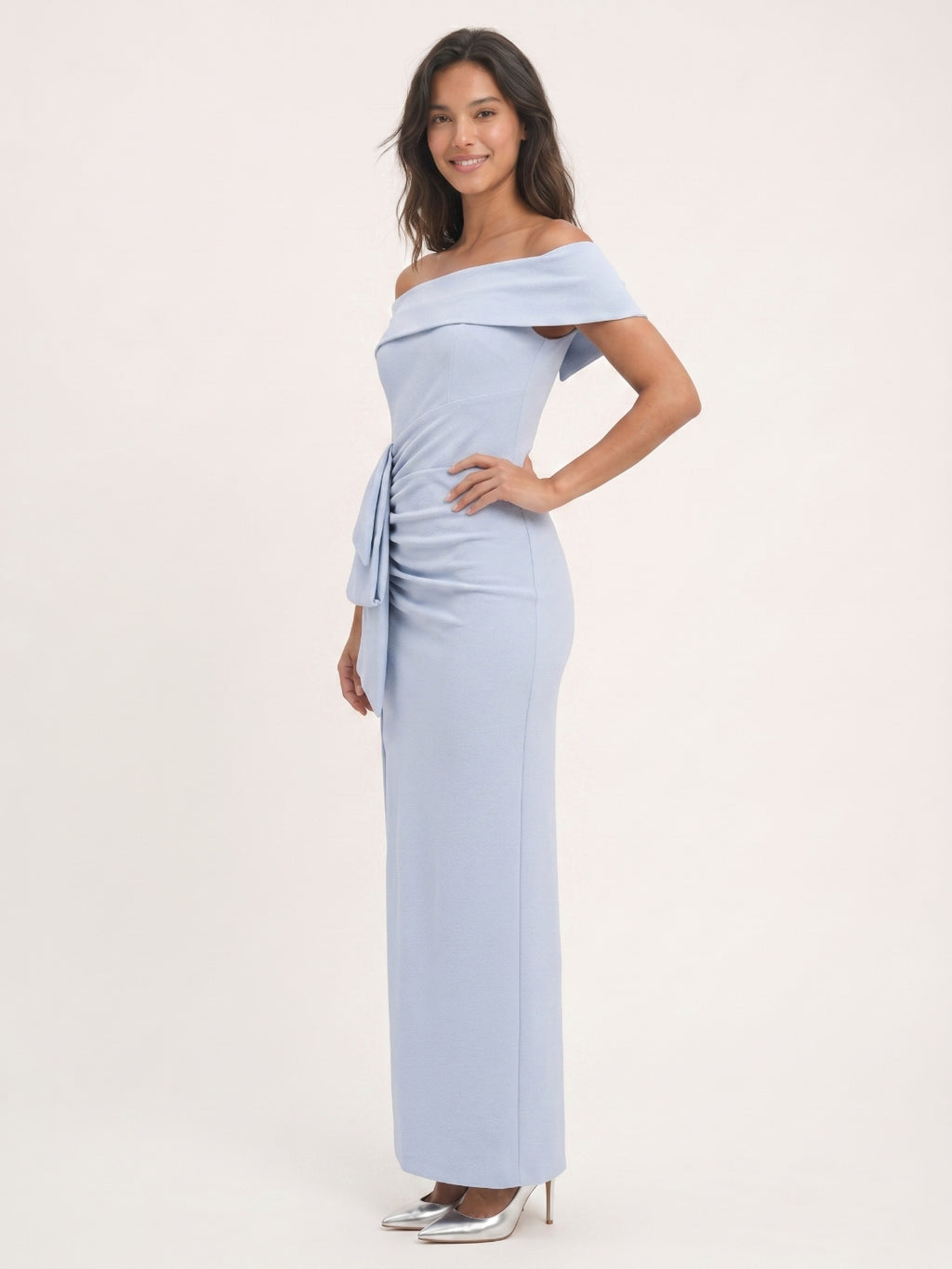 Mist Stretch Knit Column Off-the-Shoulder Back Zip Ankle-Length Bridesmaid Dress with Pleats