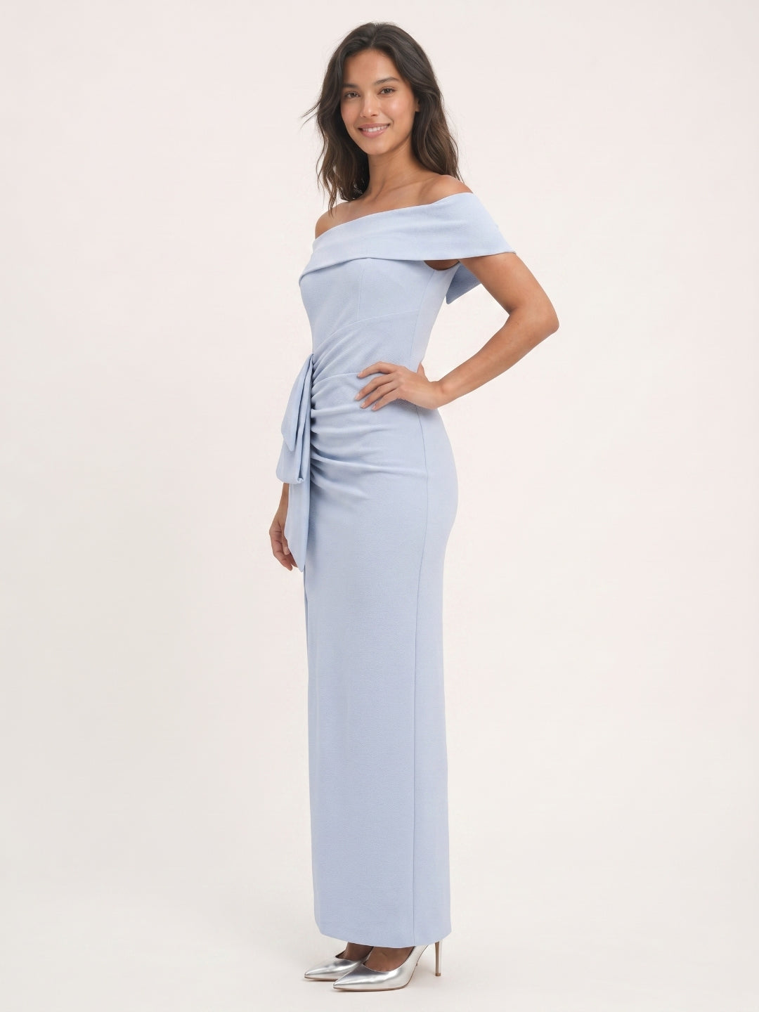 Mist Stretch Knit Column Off-the-Shoulder Back Zip Ankle-Length Bridesmaid Dress with Pleats