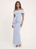 Mist Stretch Knit Column Off-the-Shoulder Back Zip Ankle-Length Bridesmaid Dress with Pleats