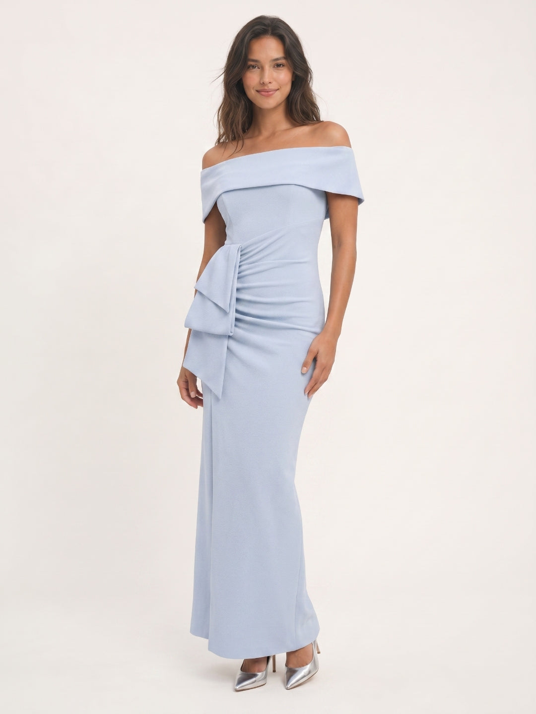 Mist Stretch Knit Column Off-the-Shoulder Back Zip Ankle-Length Bridesmaid Dress with Pleats