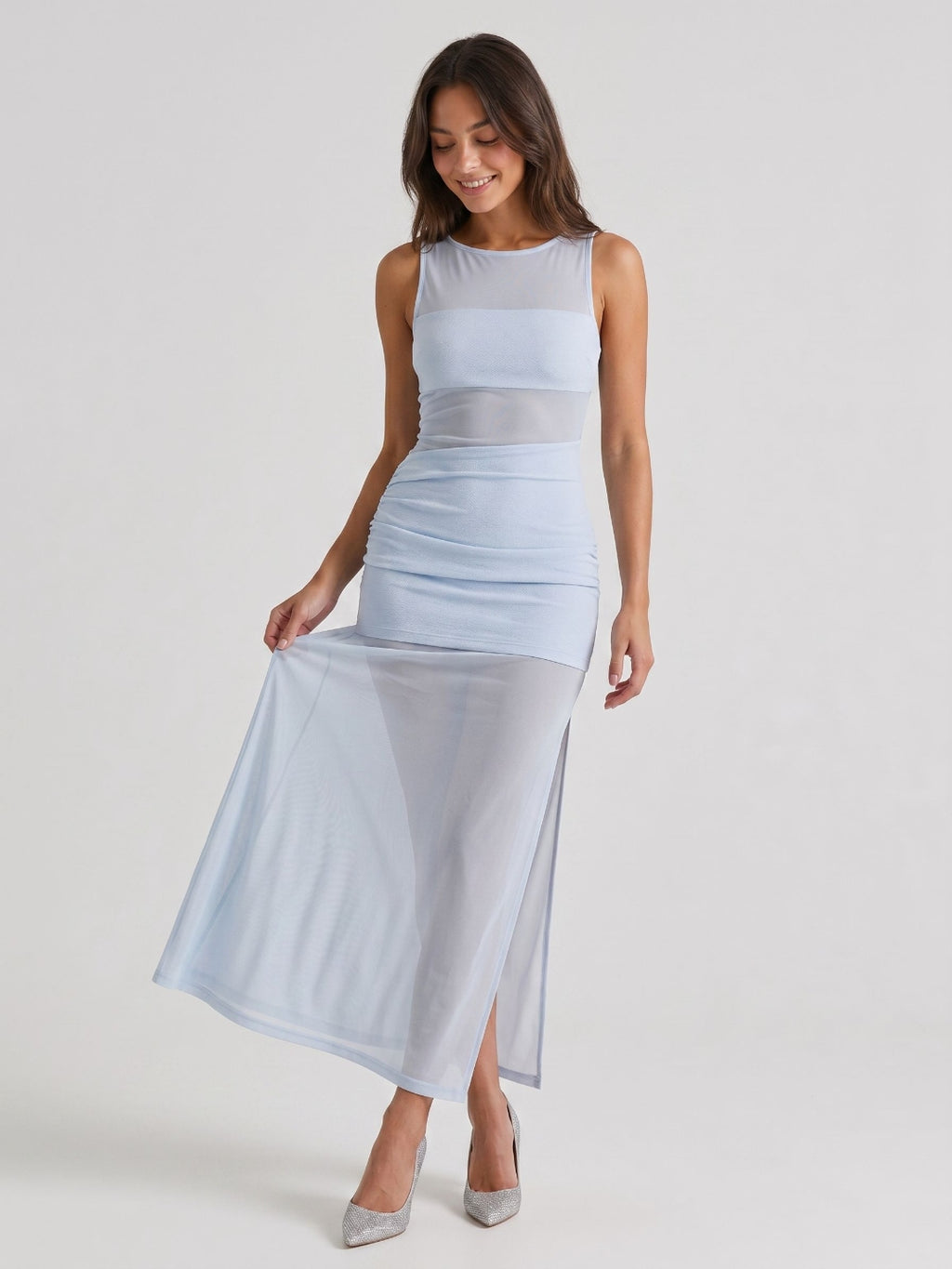 Mist Stretch Knit Column Scoop Neck Side Zip Ankle-Length Evening Dress
