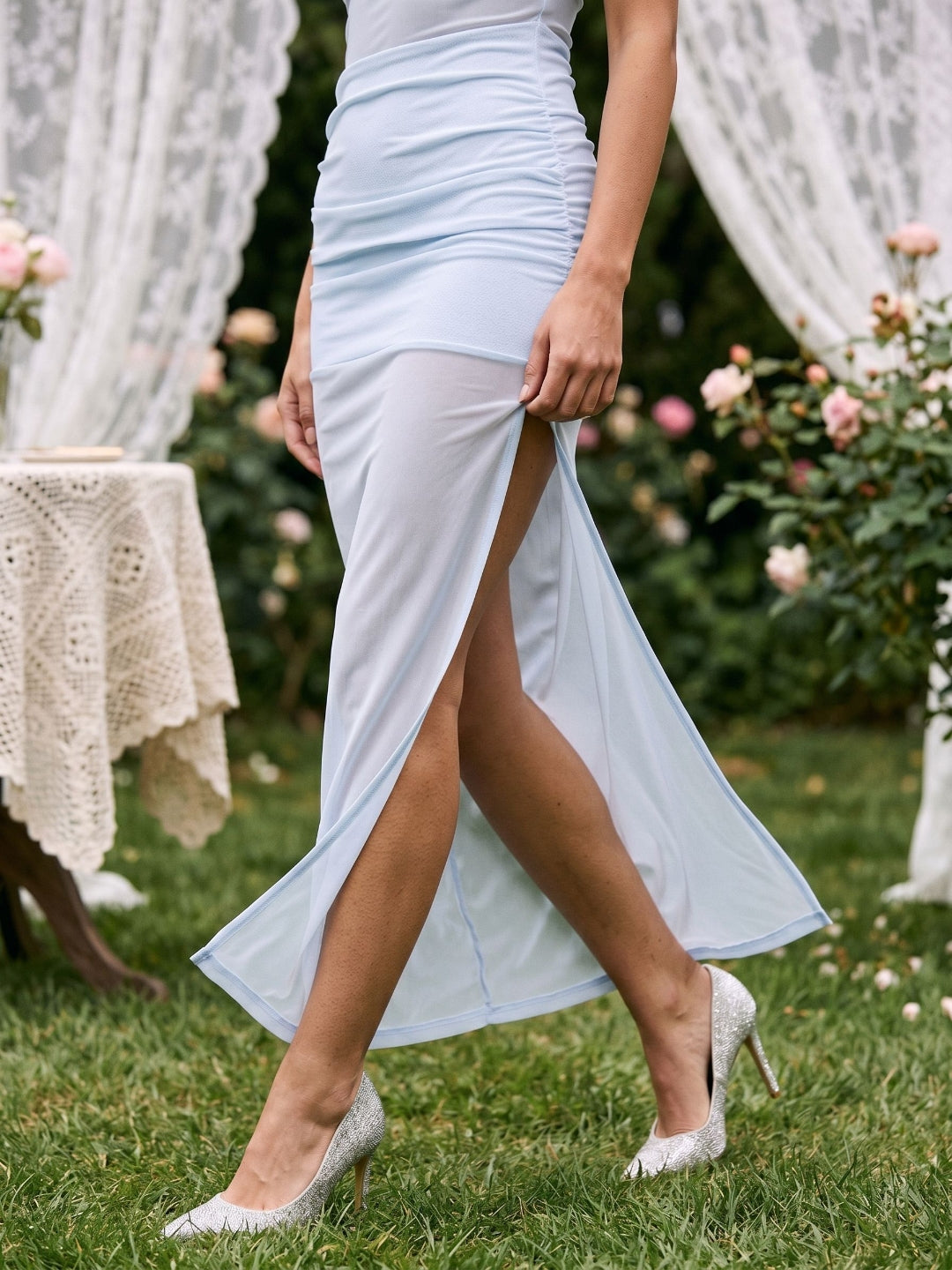 Mist Stretch Knit Column Scoop Neck Side Zip Ankle-Length Evening Dress