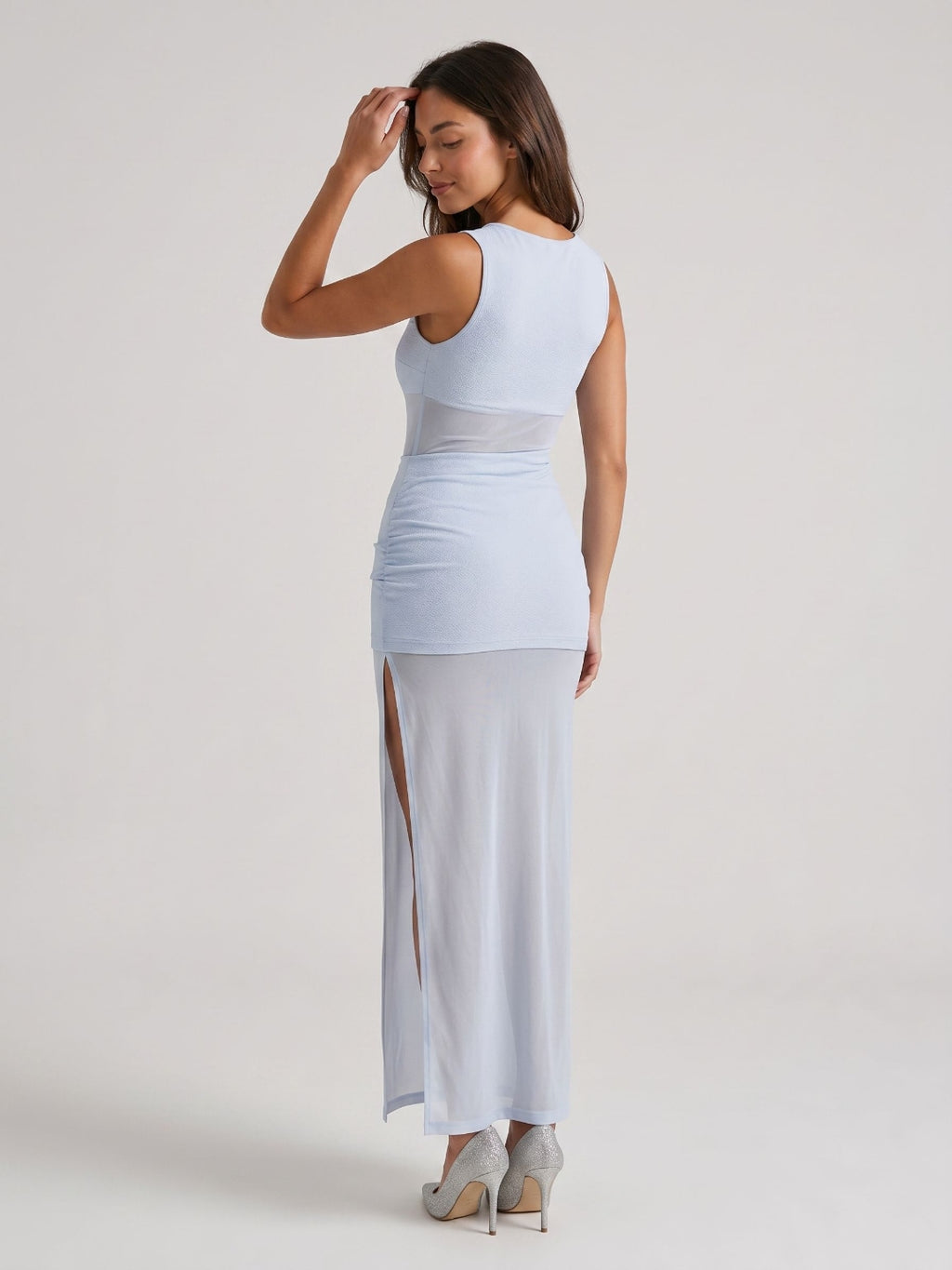 Mist Stretch Knit Column Scoop Neck Side Zip Ankle-Length Evening Dress