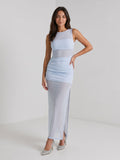 Mist Stretch Knit Column Scoop Neck Side Zip Ankle-Length Evening Dress