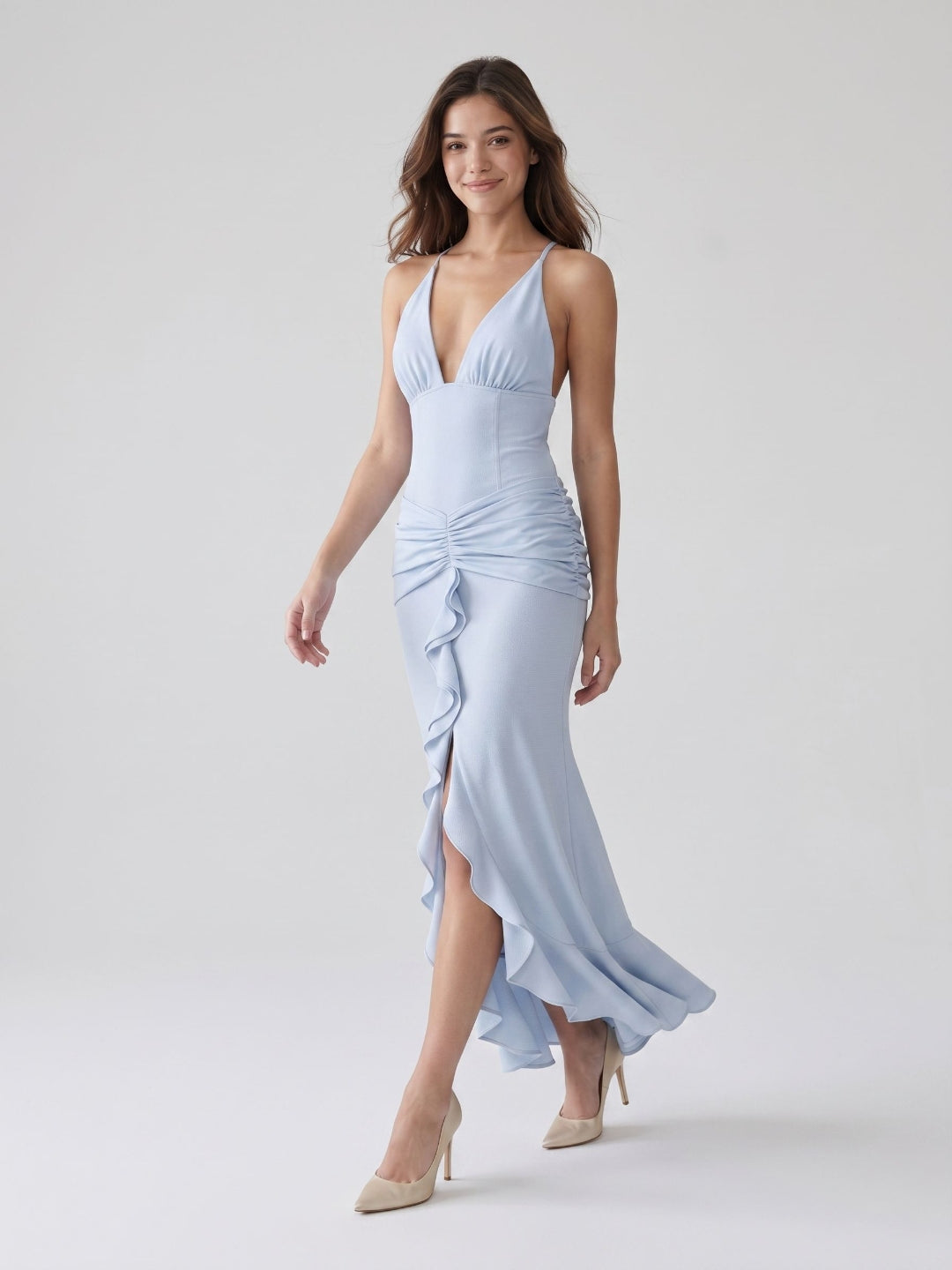 Mist Stretch Knit Sheath V-Neck Back Zip Ankle-Length Evening Dress with Ruffles