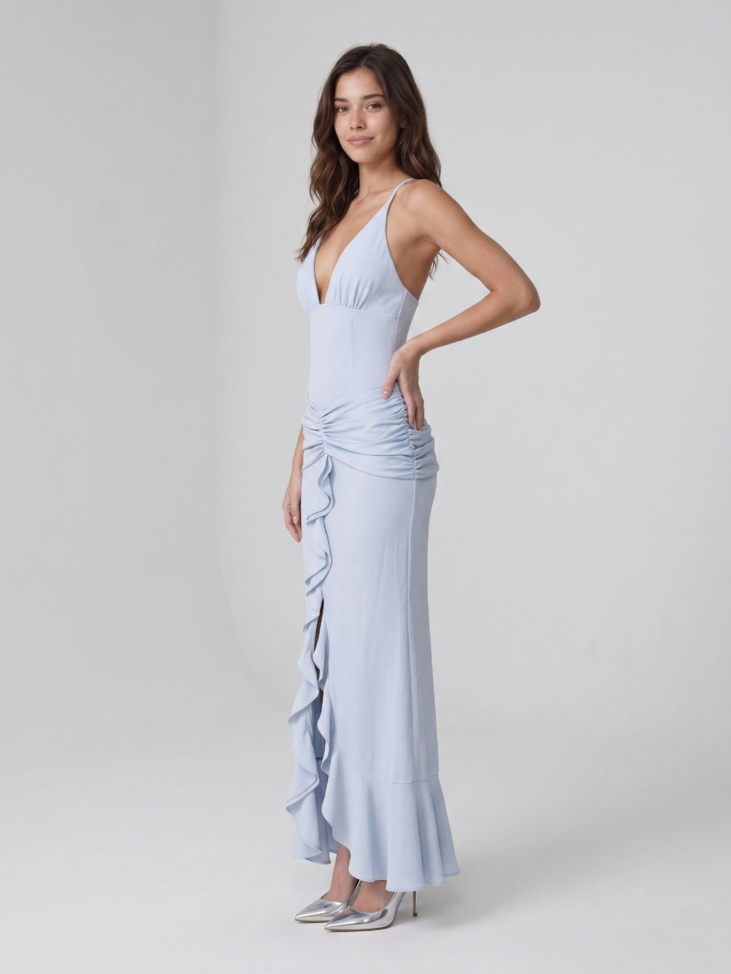 Mist Stretch Knit Sheath V-Neck Back Zip Ankle-Length Evening Dress with Ruffles