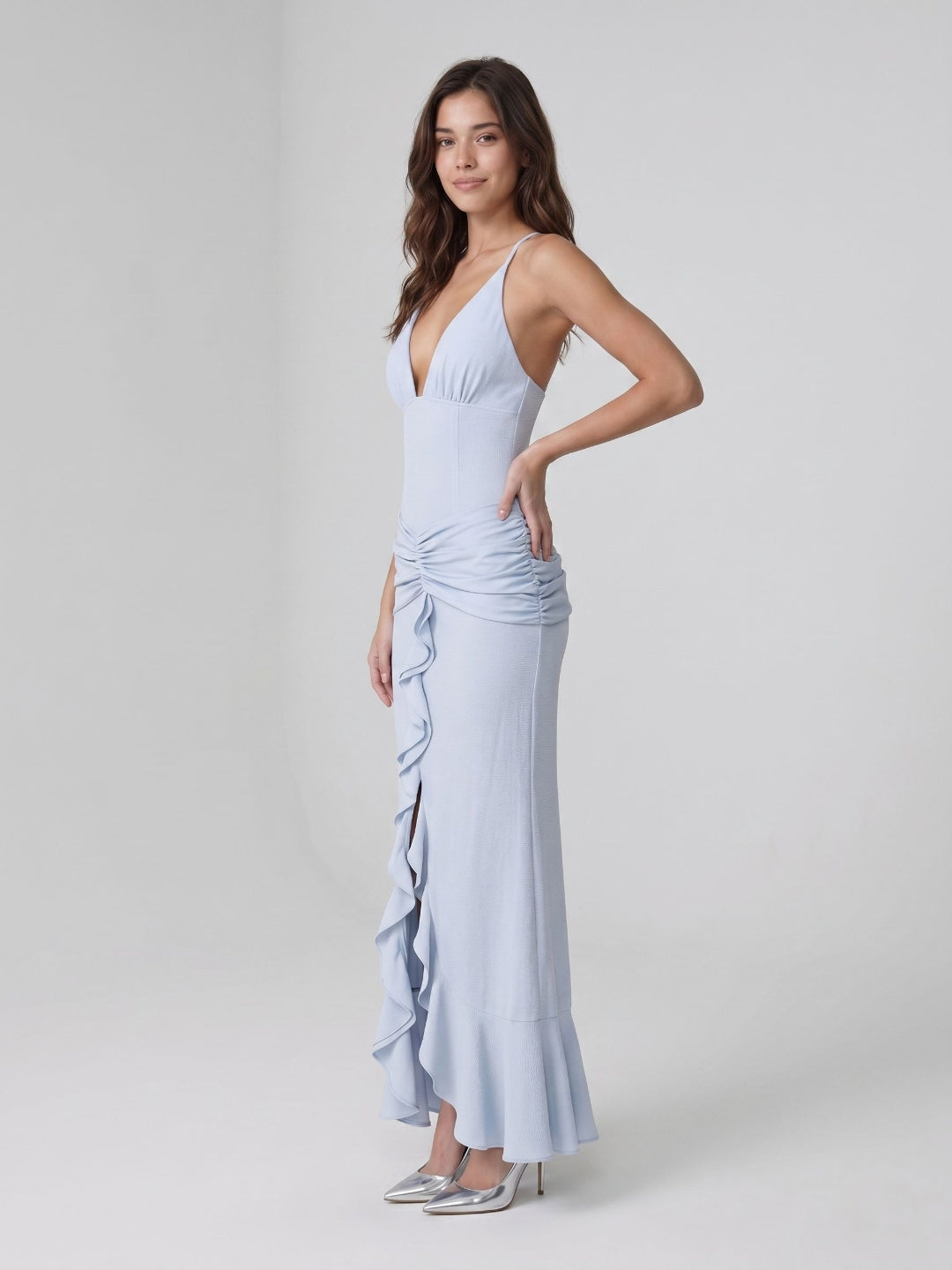 Mist Stretch Knit Sheath V-Neck Back Zip Ankle-Length Evening Dress with Ruffles