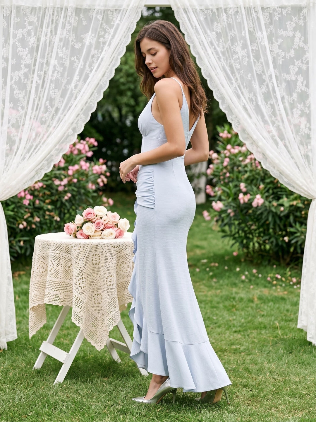 Mist Stretch Knit Sheath V-Neck Back Zip Ankle-Length Evening Dress with Ruffles